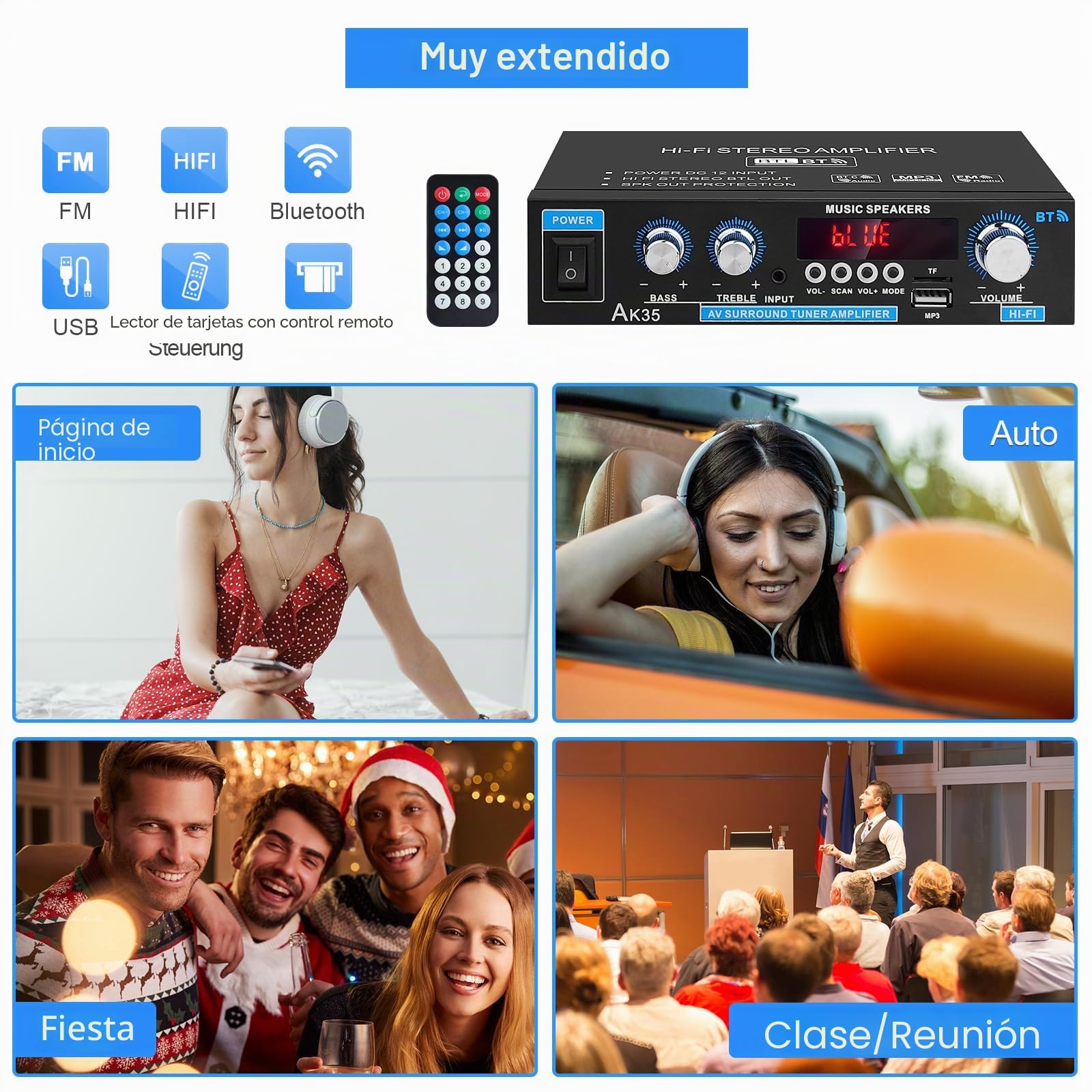 AK35 Amplificador Estéreo HiFi Bluetooth 5.0 Digital Mini Audio 300W 2.0 Canales con Bajo, Sintonizador Treble para Altavoz Home
