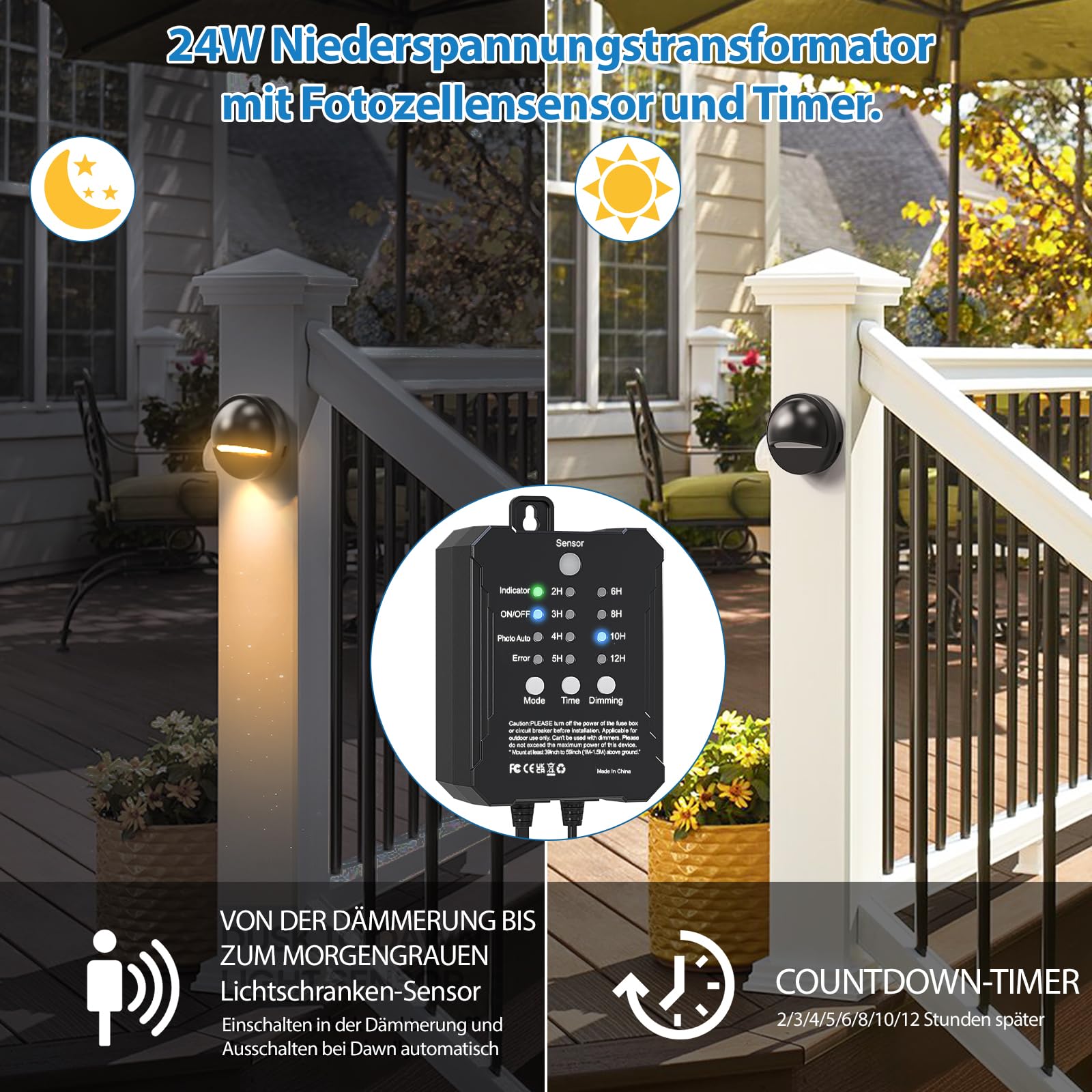 HIBOITEC 6 Stück Dimmbare Zaunbeleuchtung mit Strom, Fotozellensensor ＆ Timer Gartenbeleuchtung mit Transformator, IP67 Wasserdichte Zaunleuchten für Außen Terrasse Treppenbeleuchtung (Warmweißes)