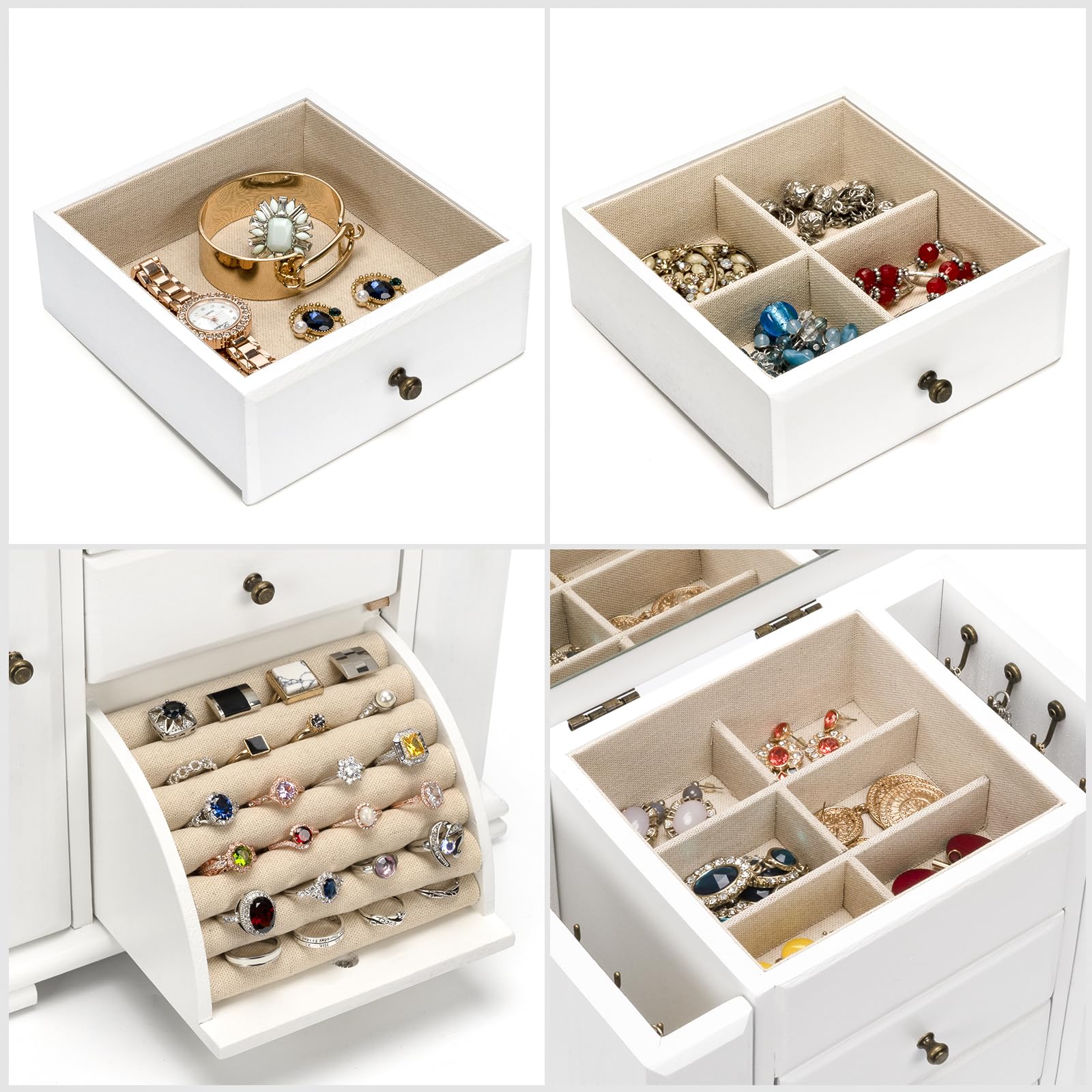 Joyero para mujeres y niñas, joyeros grandes de madera rústica con espejo, caja organizadora de joyas de 4 capas para anillos, aretes, collares, pulseras (blanco)