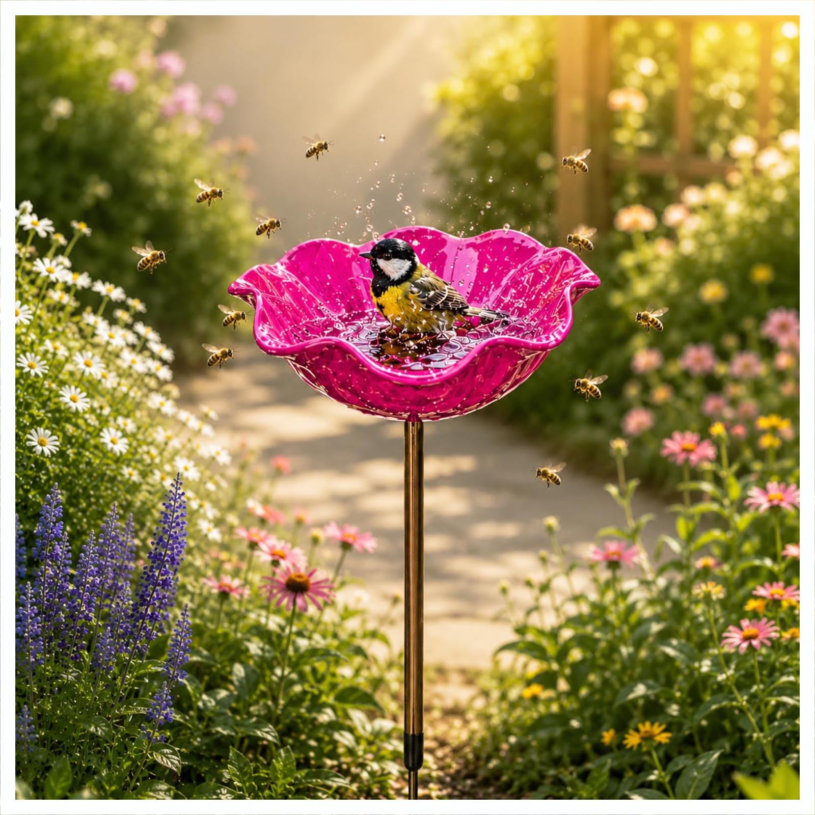 Metall Blume Gartenstecker Vogeltränke Dekorative Bienengießstation mit Flacher Schale Outdoor Eisen Blumenstecker für Garten Terrasse Hinterhof Rasen (3, Rosa)