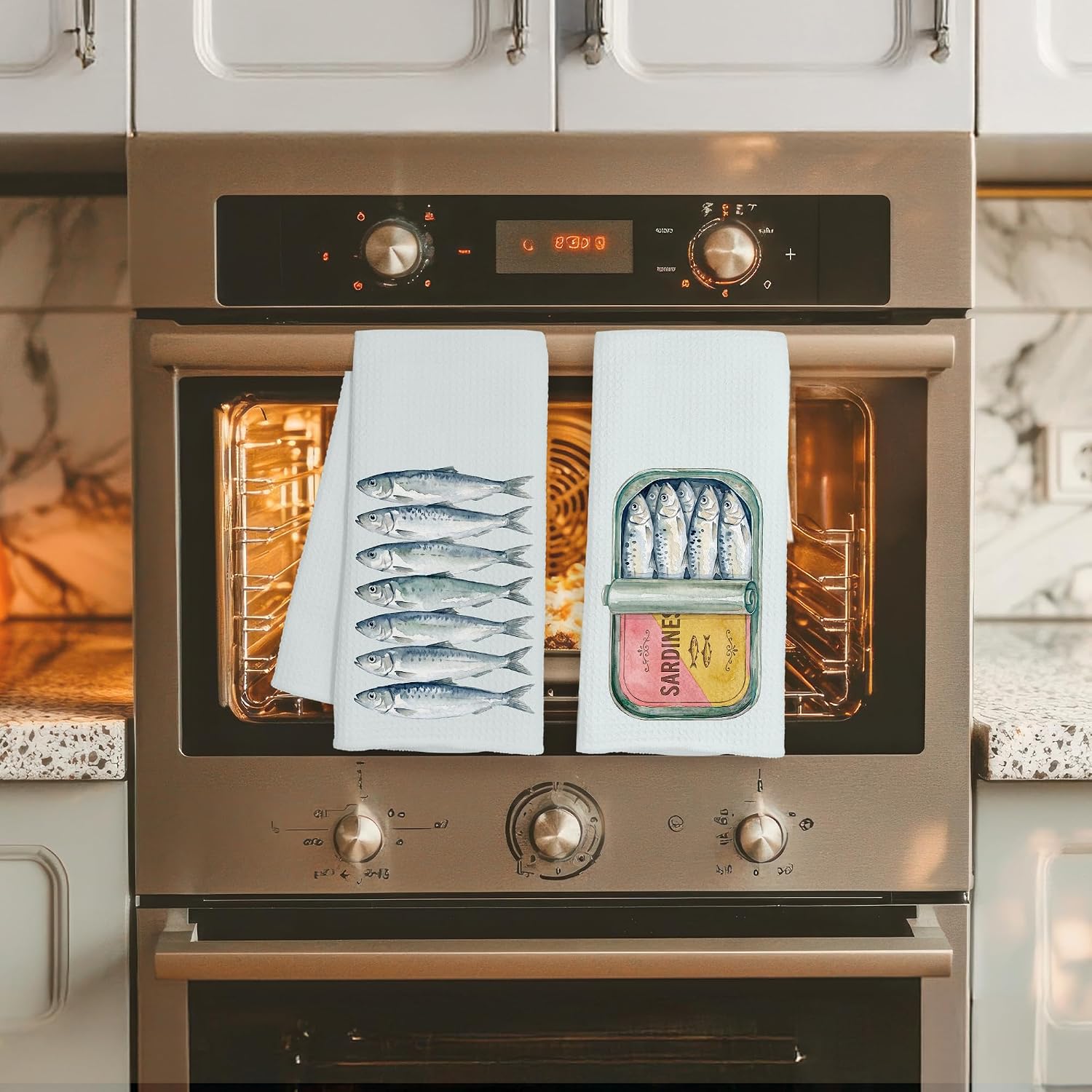 Coastal Beach Sardine Kitchen Towels, Sardine Fish Gifts, Retro Italian Seafood Decorative Dish Hand Tea Towels for Kitchen Dining Room, 16x24 Inch Set of 2 image 4