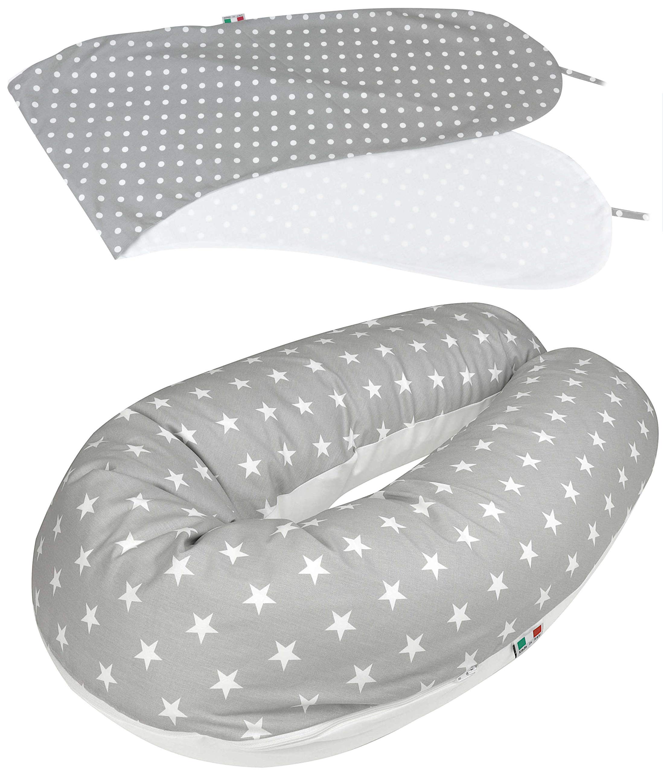 baby idea Babysanity® Cuscino Gravidanza (Interno + 2 Federe) Di Qualità' Allattamento Confortevole Per Dormire Sostegno Mamma Cotone 100% - Made In Italy - (Stella Pois Grigio Scuro)