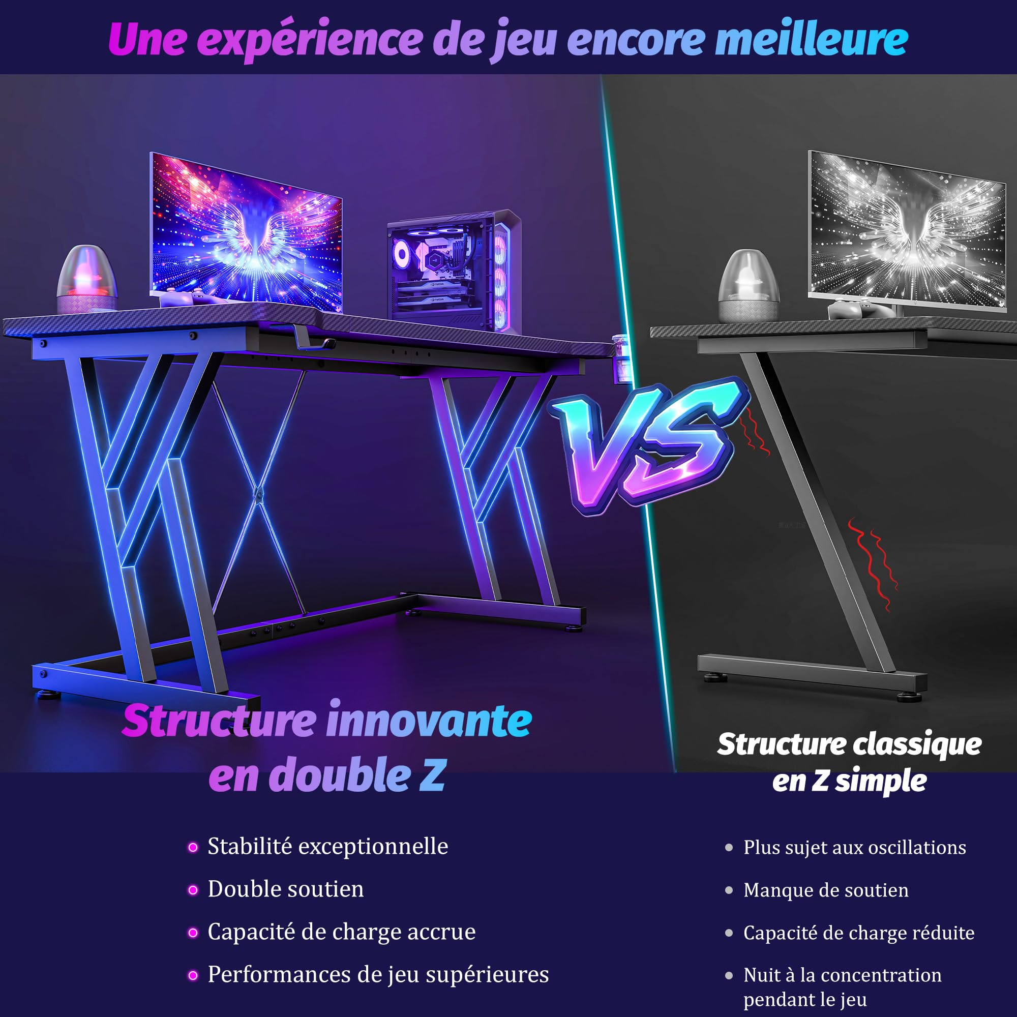 120 x 60 x 75 cm Bureau Gaming LED, Structure Double Z Stable