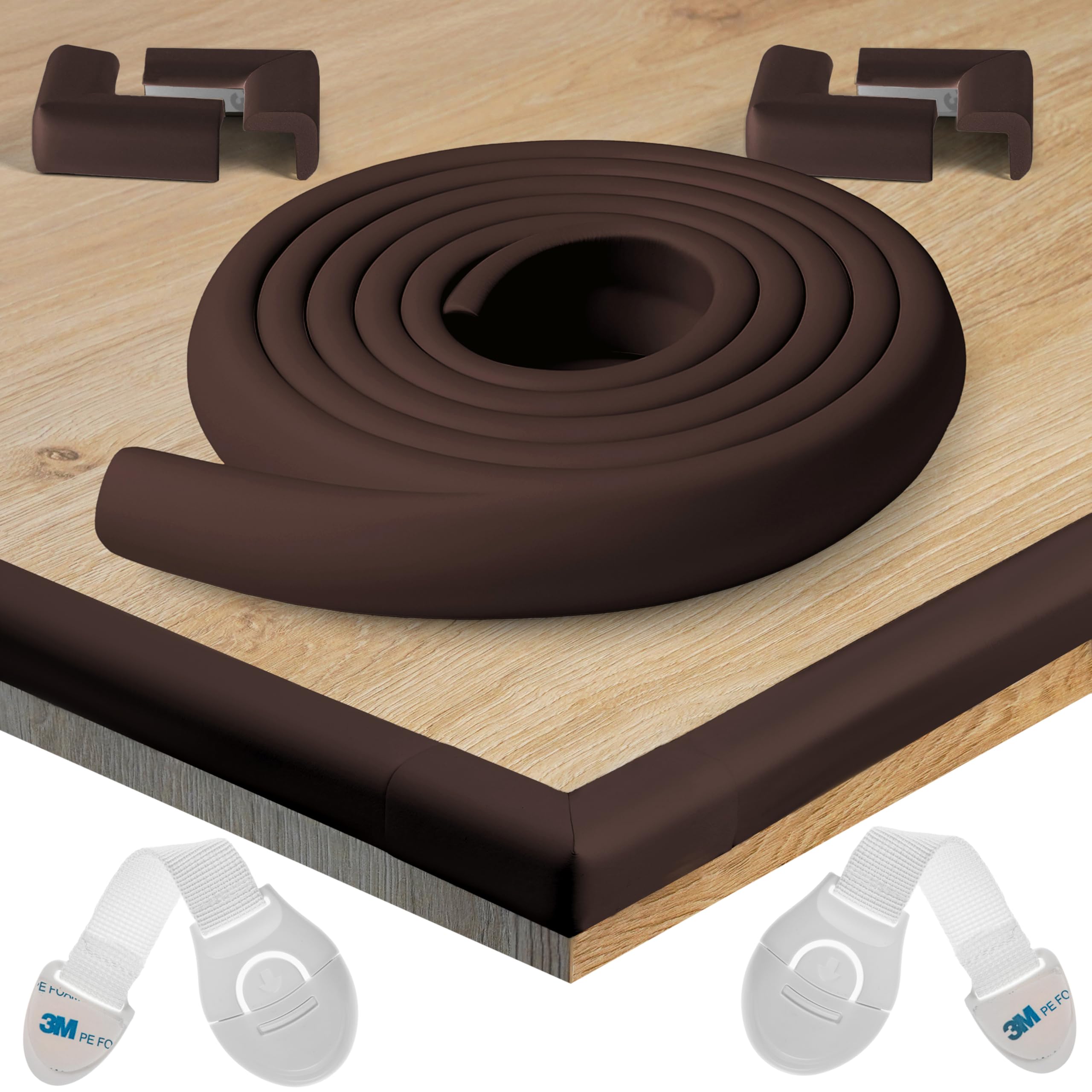 HAPPY CHLEA® Kantenschutz Baby und 4 Eckenschutz aus Schaumstoff. Tischkantenschutz und Eckenschützer: 2,4 M gesamt für Tisch und Möbel Ecken. 2 Schubladensicherung. Zertifikat (Braun)