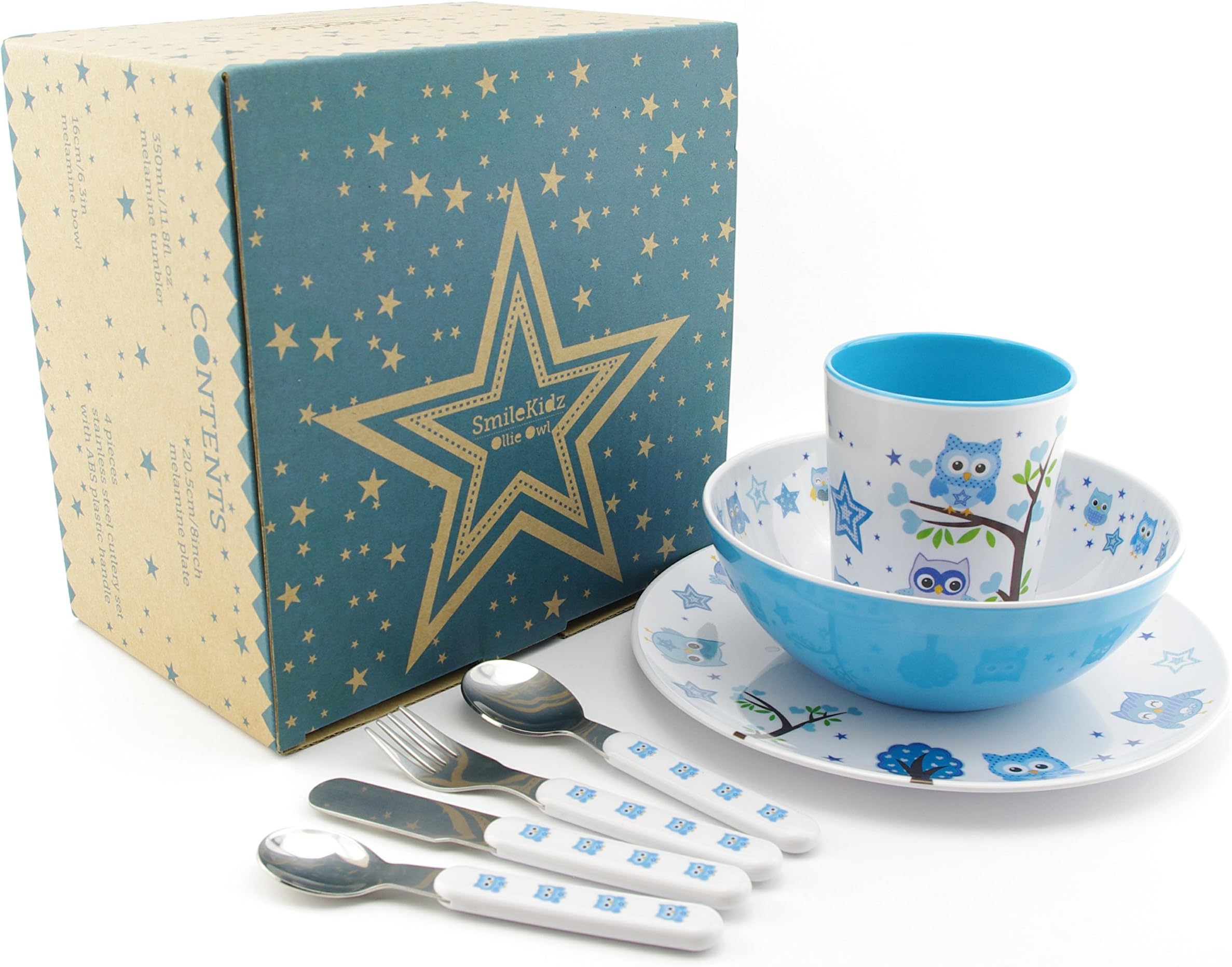 SmileKIDZ ~ OLLIE OWL ~ Deluxe 7 Piece Eating Set ~ Includes Plate, Bowl, Tumbler and 4 Piece Cutlery Set