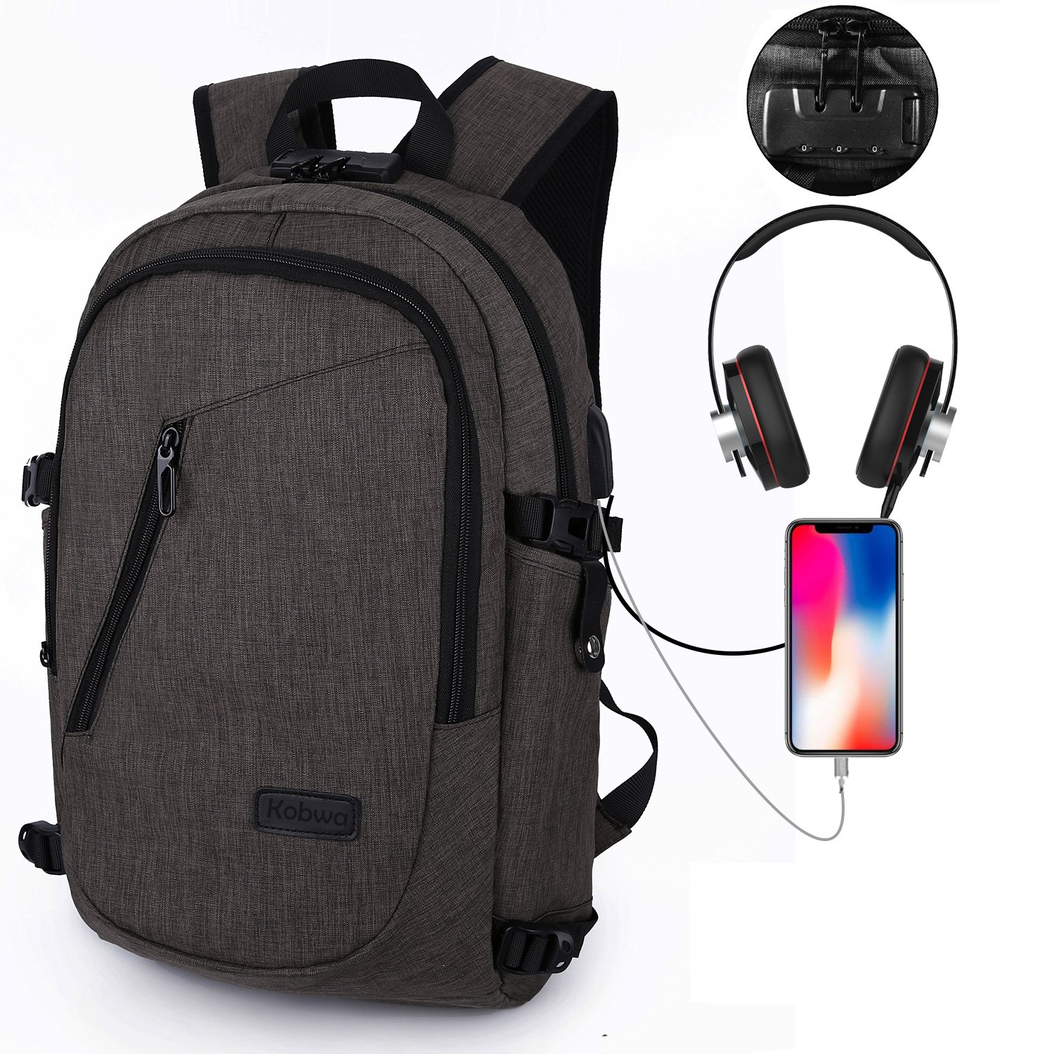 Business Laptop Rucksack Backpack, Kobwa 15.6 Inch Notebook Schulrucksack Computer Rucksäcke für Herren und Damen mit Anti-Theft, USB Charging Port und Headphone Port Computer & Zubehör