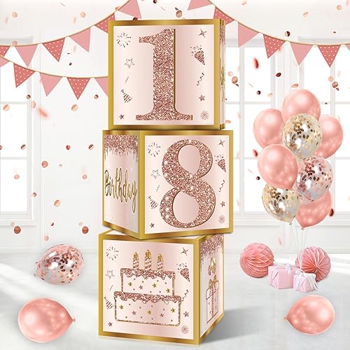 Guiruiy 3 cajas de decoración de cumpleaños de 18 años para niñas y mujeres, cajas de globos de cumpleaños de 18 años de color rosa dorado rosa para