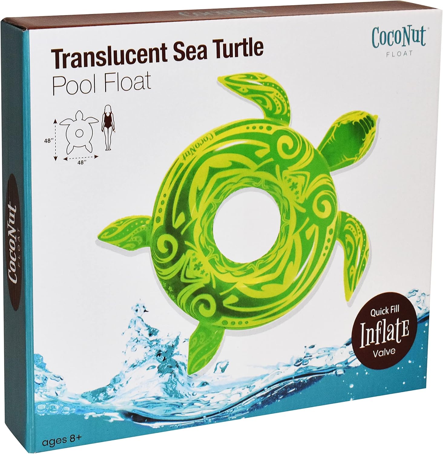 Coconut Outdoor Translucent Sea Turtle Pool Float - Inflatable Pool Ring - Durable Long Lasting Lounge Tube and Water Toy - Fun Decoration for Parties, Events - Ages 8+ Years