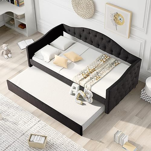 Harper & Bright Designs Twin Size Upholstered Daybed with Trundle, Upholstered Daybed with Padded Back (Gray)