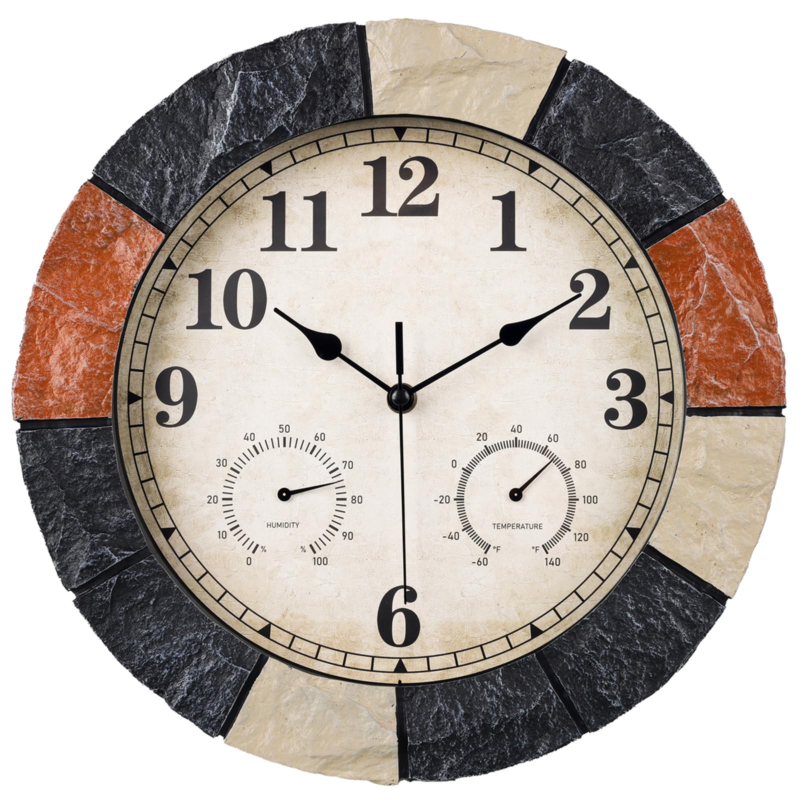 JoFomp 13 Inch Resin Faux-Stone Outdoor Clocks Waterproof with Thermometer and Hygrometer Combo, Large Outdoor Clocks for Patio, Outdoor Wall Clocks