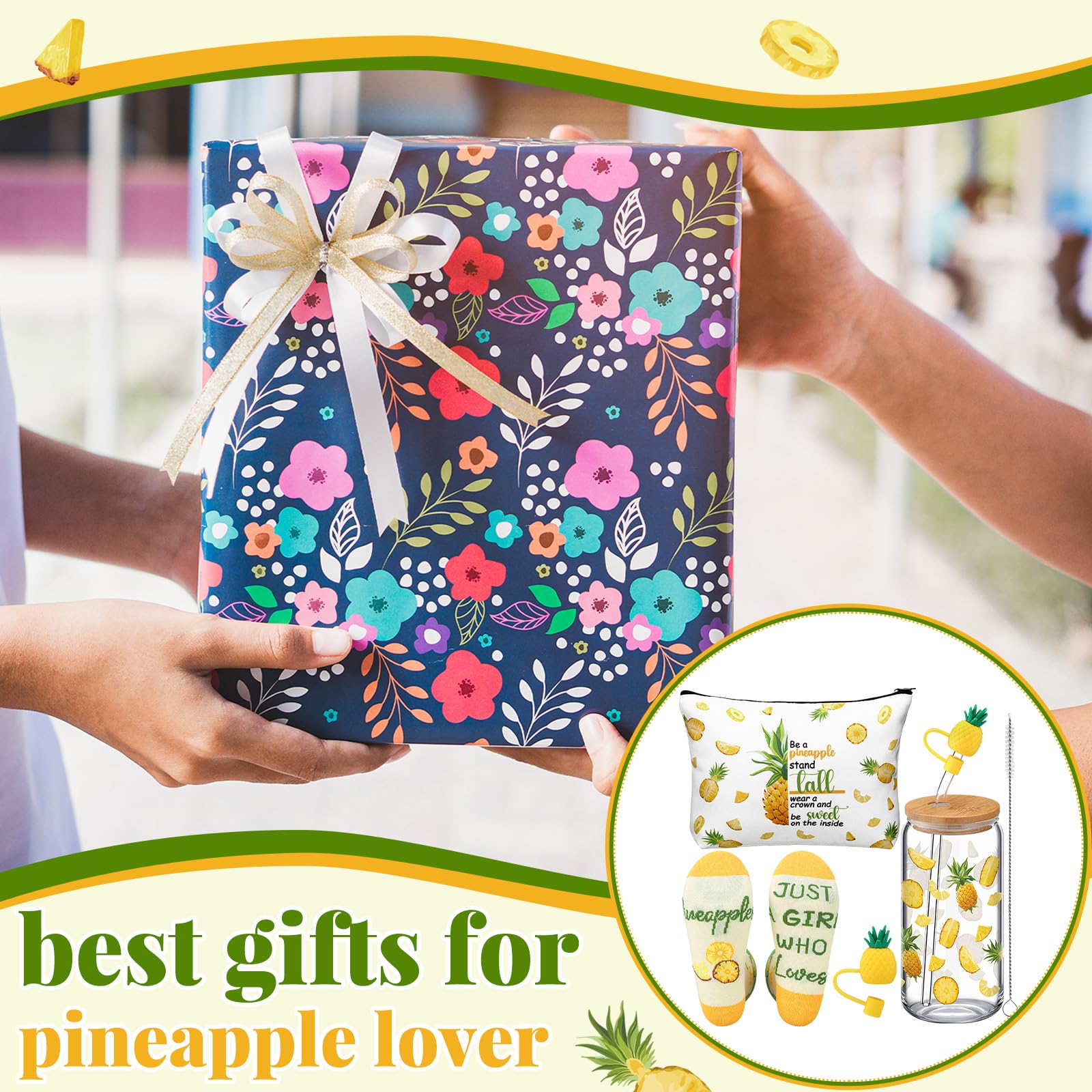 3 Pcs Pineapple Gifts Set for Women Bulk Summer Hawaiian Aloha Gifts for Mother's Day Pineapple Socks 16 oz Cute Drinking Glass Tumbler Cups with Lids and Straws Makeup Bags for Women Birthday Gift