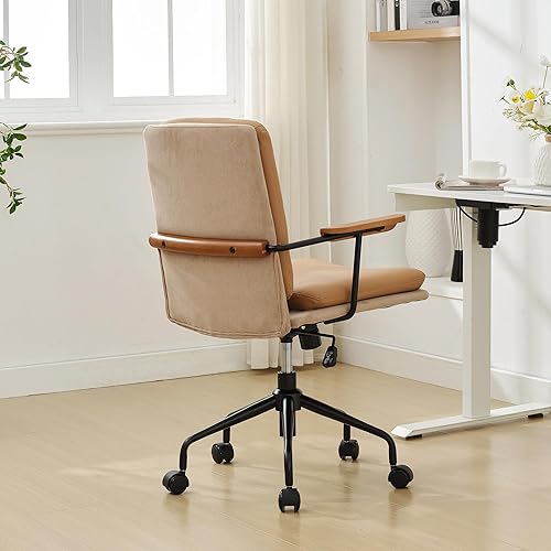 Miniatura 6 de Okeysen Silla de oficina moderna de mediados de siglo, silla de escritorio de cuero moderna con reposabrazos de madera y soporte lumbar, sillas