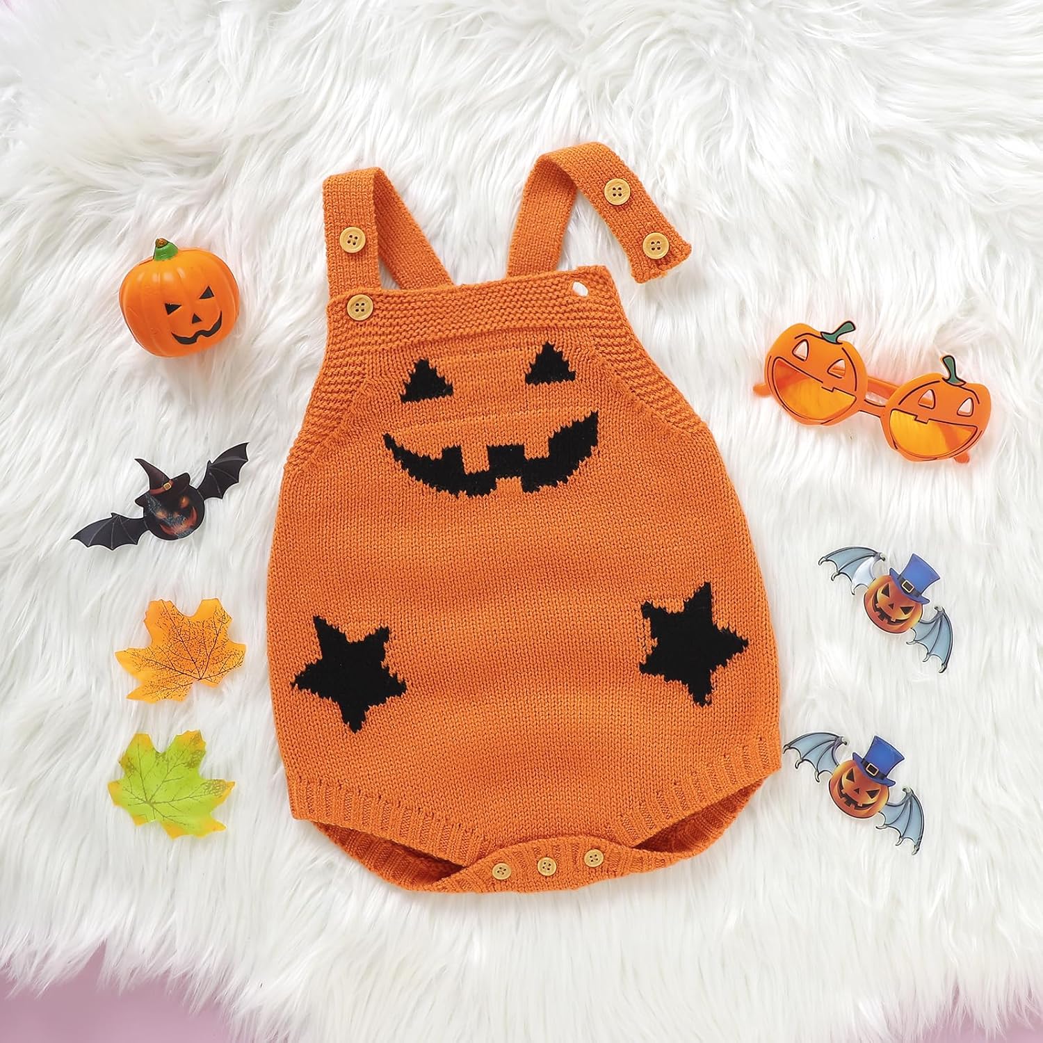Sujhwsx Baby Boy Girl Pumpkin Knitted Overalls Sleeveless Suspender Jumpsuit Funny Holiday Sweater Romper - Image 3