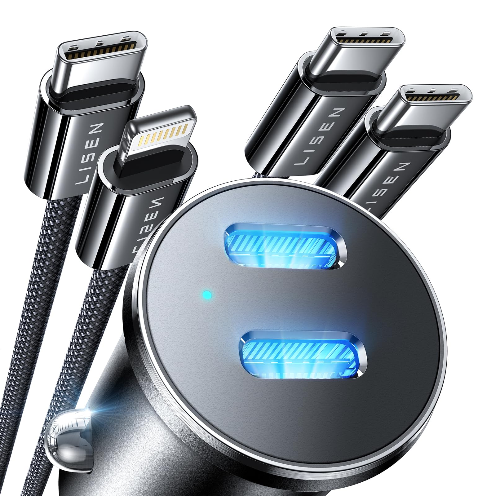 LISEN Caricatore Auto Presa Accendisigari USB C da 90 W [presa 12 V Dual PD45 W ]Caricabatteria da auto USB C e cavo Lightning con iPhone 16/15/14/13 Pro Max