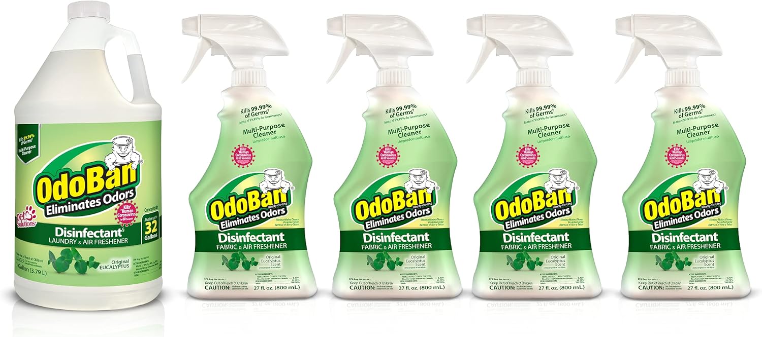 OdoBan Ready-to-Use Disinfectant and Odor Eliminator, Set of 5, 4-Pack Spray Bottles, 27 Ounces Each and 1 Gallon Concentrate, Eucalyptus Scent