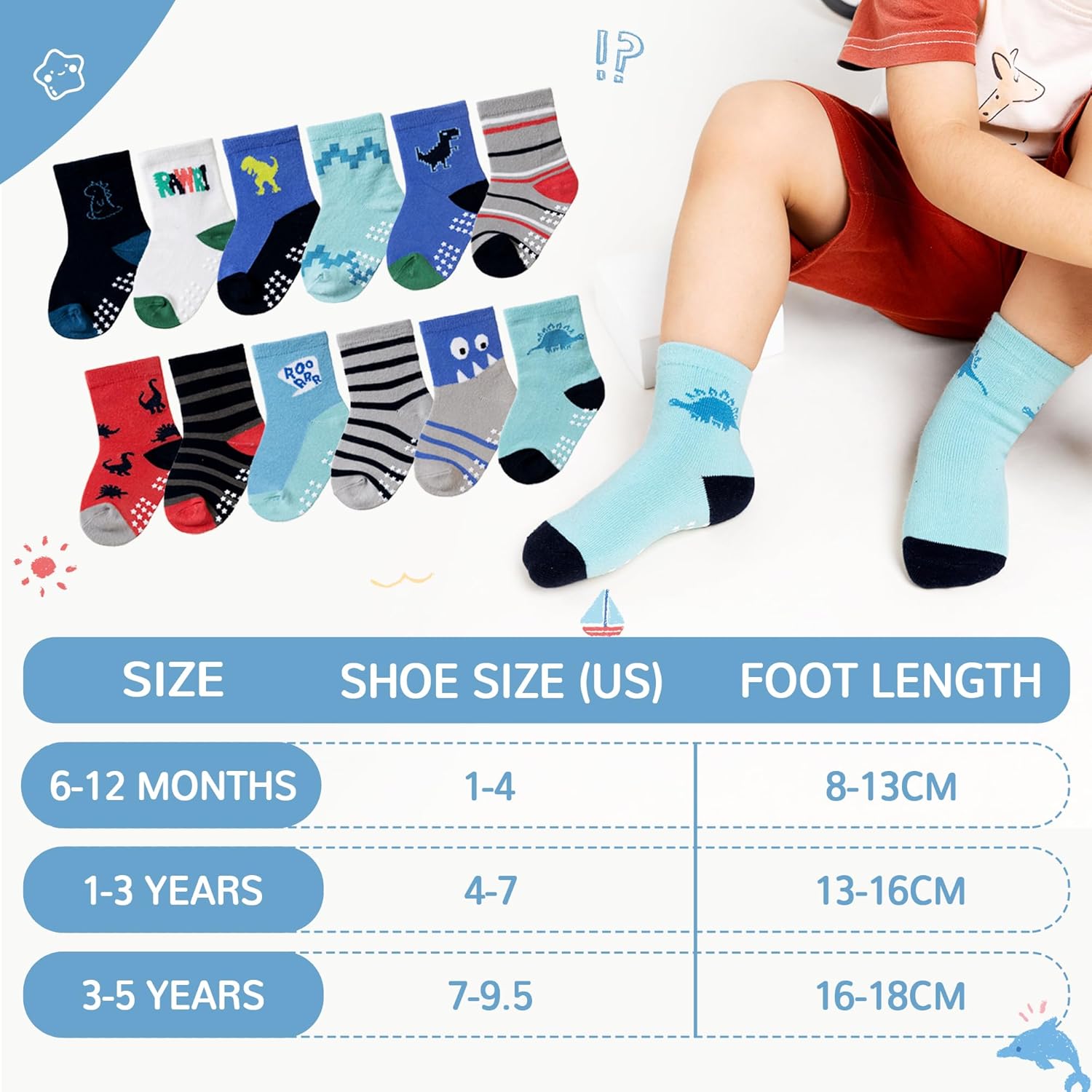 Eocom Baby Boys Grips Socks Kids Toddlers Infants Non Skid Anti Slip Crew Cotton Gifts Socks 12 Pairs - Image 4