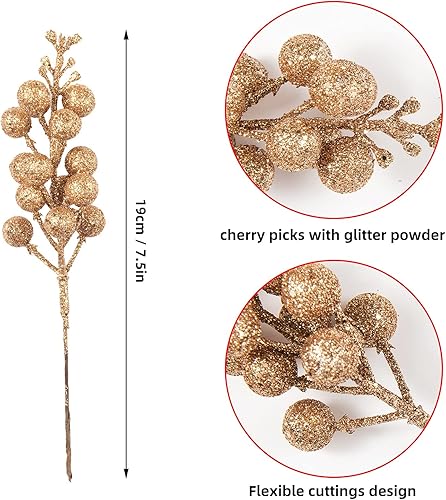 Miniatura 3 de Paquete de 24 tallos de bayas con purpurina de Navidad artificiales para relleno de árbol de Navidad, coronas, manualidades, decoración navideña y