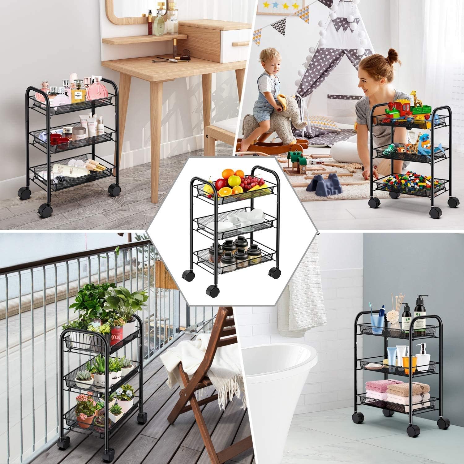 Amlanpin Rolling Storage Cart 3-Tier Metal Mesh Basket Shelves Organizer with Wheels for Home,Office,Kitchen,Bathroom,Bedroom(Black) : Office Products
