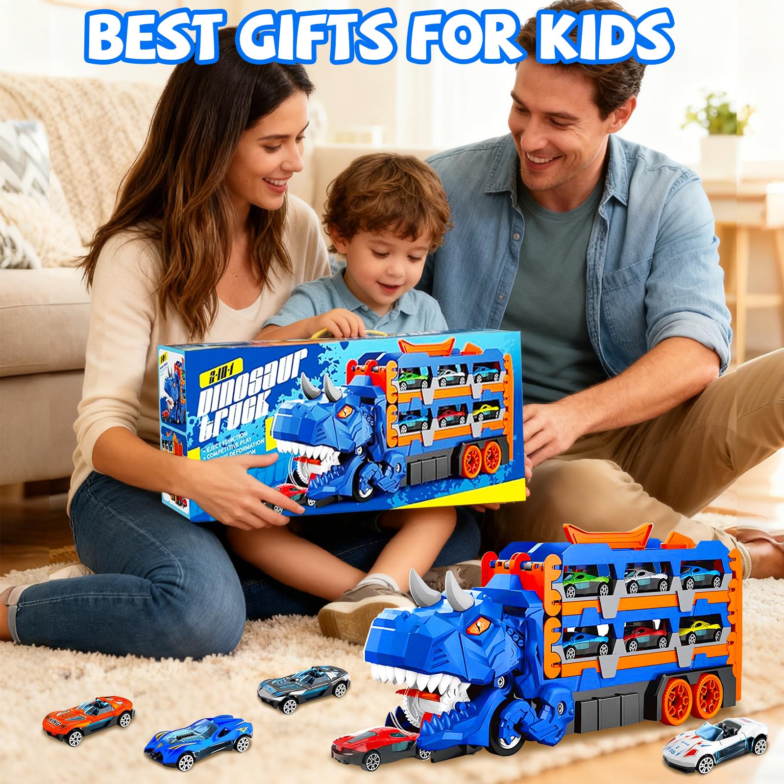Camion dei Trasporti Dinosauro Giocattolo per Bambini, Giocattolo 3 in 1 con Pista Piegevole e Lanciatore, Camion Portatile con 12 Auto da Corsa, Regalo per Bambini di 3 4 5 6 7 8 Anni