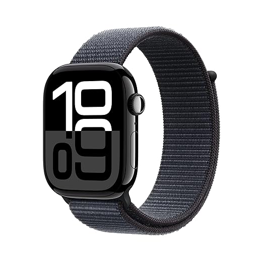 Apple Watch Series 10 GPS + Cellular 46 mm Smartwatch con cassa in alluminio Jet Black e Sport Loop Inchiostro - One Size. Fitness tracker, app ECG, display Retina always-on, resistente all’acqua