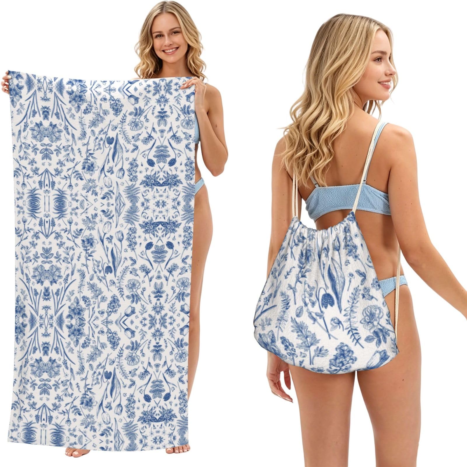 SATUSA Flowers And Leaves Print 2-In-1 Foldable Beach Towel Backpack â€“ Camping, Yoga And Travel,Bath Towel With Built-In Storage, Convertible Beach Mat & Carry Bag