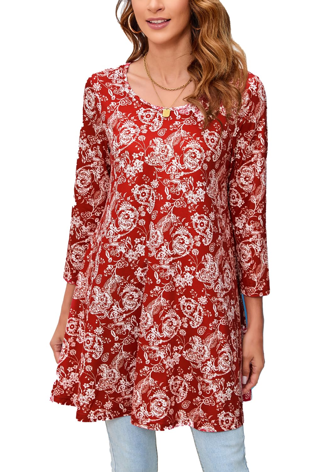 ENMAIN Tunic Tops for Women 3/4 Sleeve Plus Size Women's Tunics Loose Fit Floral Swing Flare Ladies Blouse for Leggings