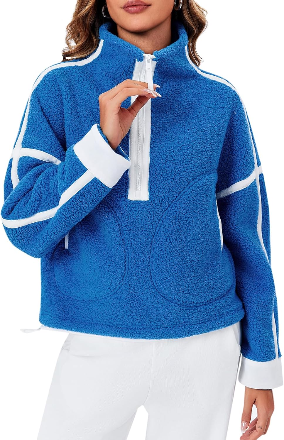 Women Sherpa Fleece Jacket Half Zip Oversized Cropped Sweatshirt Long Sleeve Pullover 2025 Winter Outfits with Pockets - Image 6
