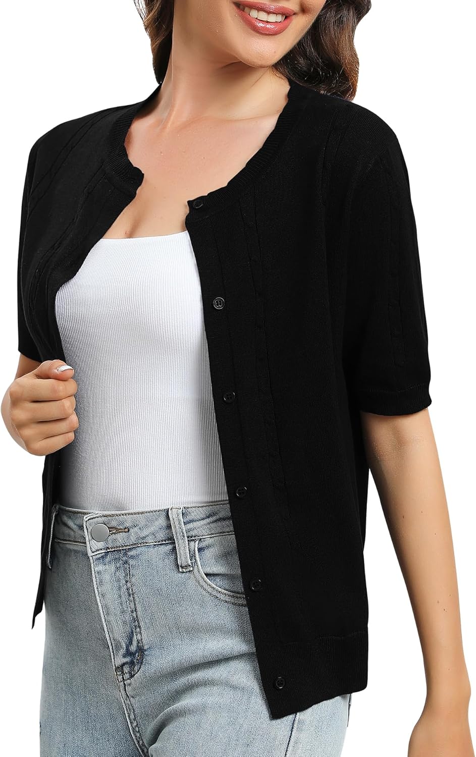 Urban CoCo Women's Short Sleeve Round Neck Cropped Cardigan Sweater Lightweight Shrug Sweaters for Women - Image 3