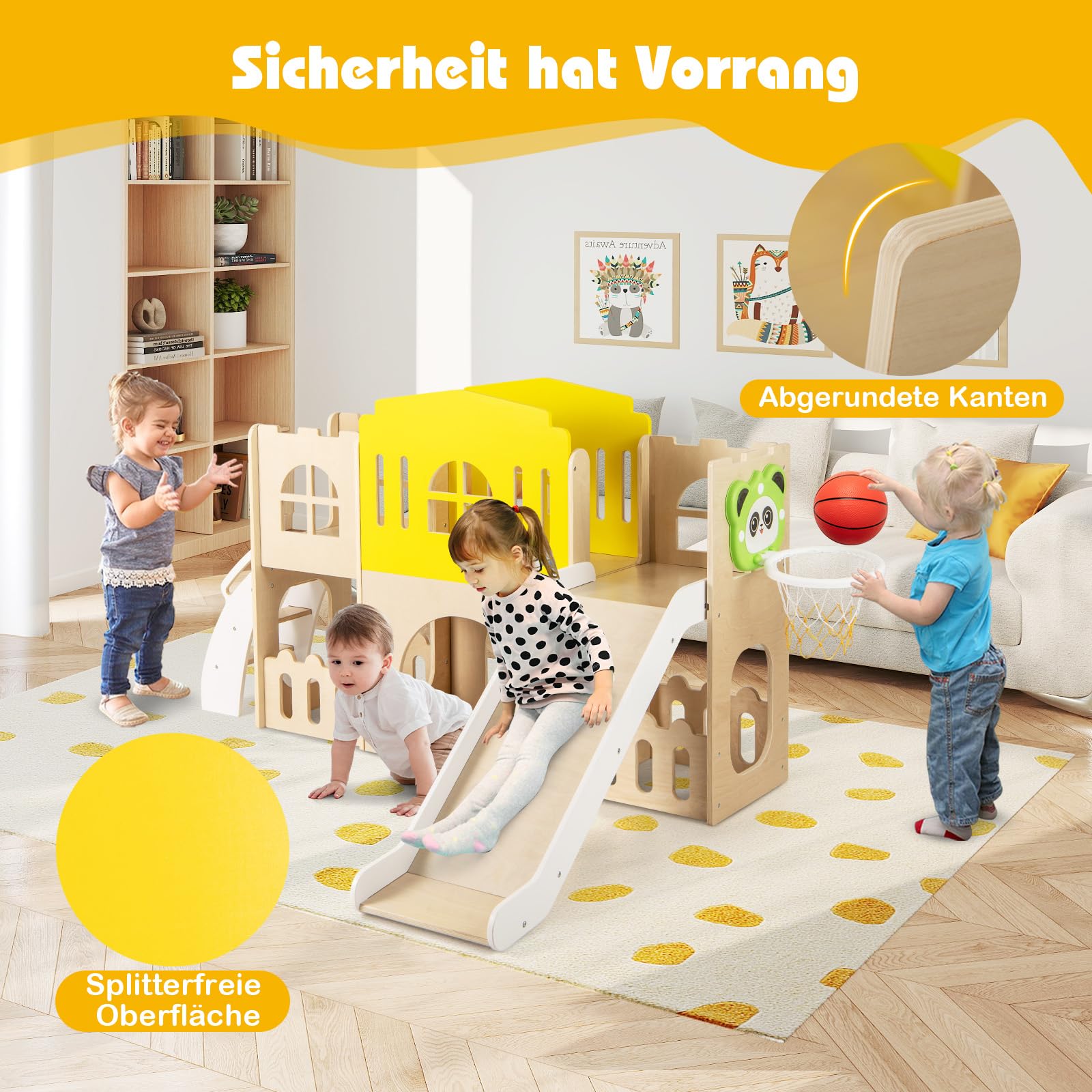 DREAMADE 7-in-1 Kinderrutsche Holz, Kinder Rutsche mit Basketballkorb & Kletterleiter, Klettergerüst Indoor mit Gucklochfenster, Tunnel & Stauraum, Spielplatz, Gartenrutsche für Kinder ab 3 Jahren