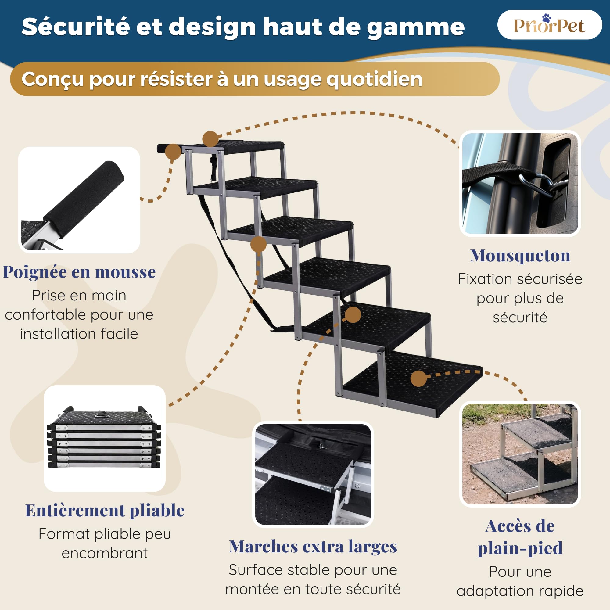 Escalier Chien Voiture Pliable – 4, 5 ou 6 Marches pour Coffres Bas ou Élevés (63–81 cm) – pour Petites Voitures, Breaks & SUV – Rampe Escalier Chien pour Monter sans Sauter
