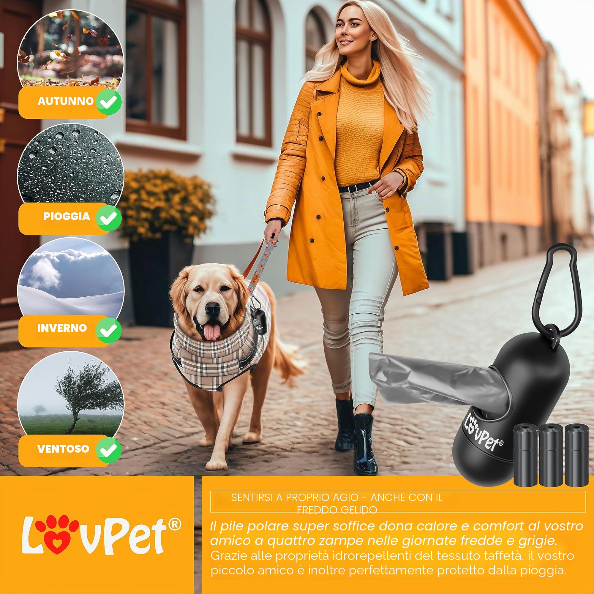 Lovpet® Giacca per Cani con Pettorina, con 45 Sacchetti per Escrementi + Dispenser per Cani, Gilet Invernale Imbottito, Impermeabile, con Cintura Toracica, riflettori, Anello a D 5XL, Beige