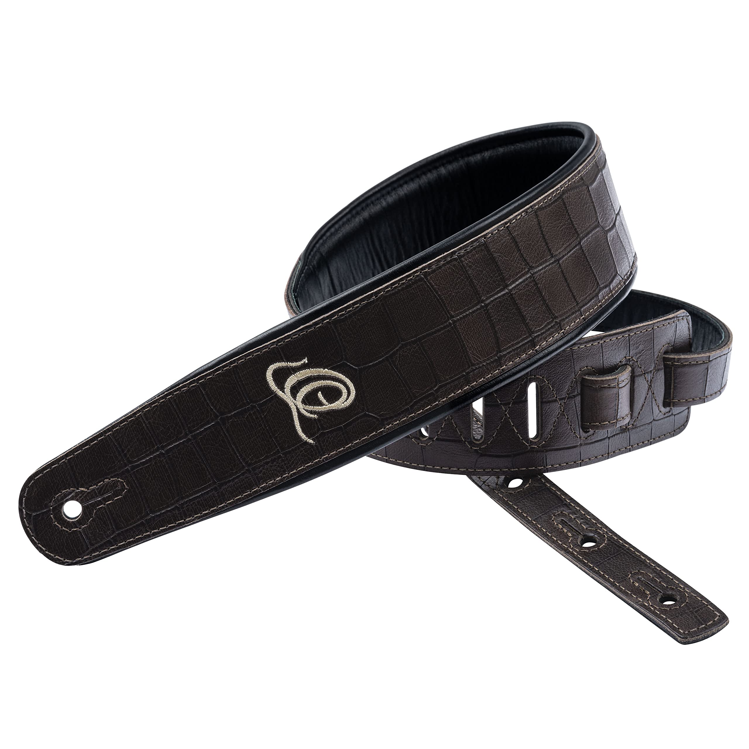 Ortega Guitars Gitarrengurt Länge Verstellbar - Akustik Gitarre / Bass, E-Gitarre, E-Bass - Custom Series - Echtleder, Dark Brown Croco (OSCU-1)