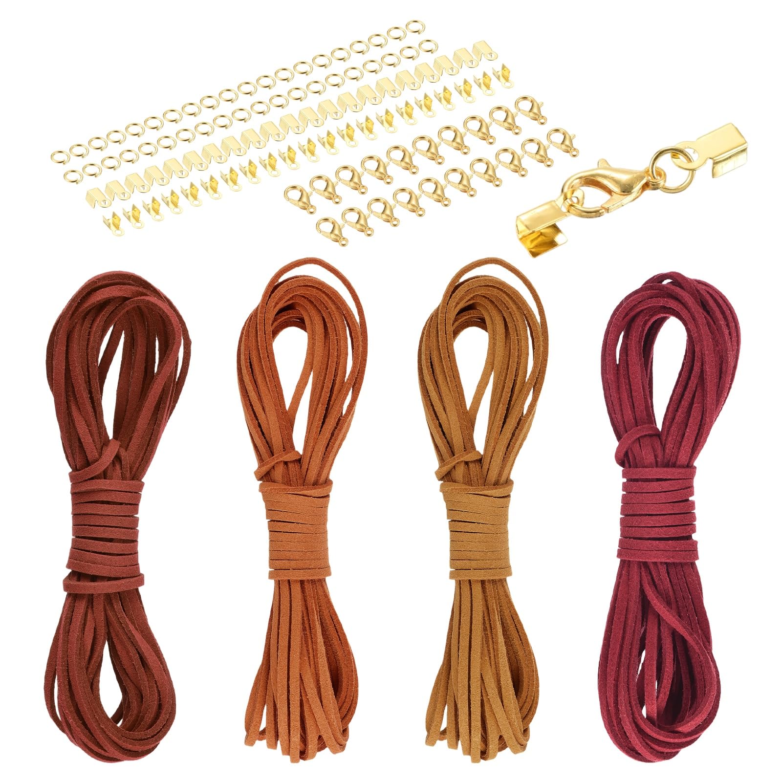 sourcing map 4 Pcs Suede Cord, 5.5 Yards Flat Faux Leather Cord Soft Durable Leather String with Gold Closed-Mouth Ring Rope Clip Lobster Clasps for Art Crafts, Orange Yellow/Red Series