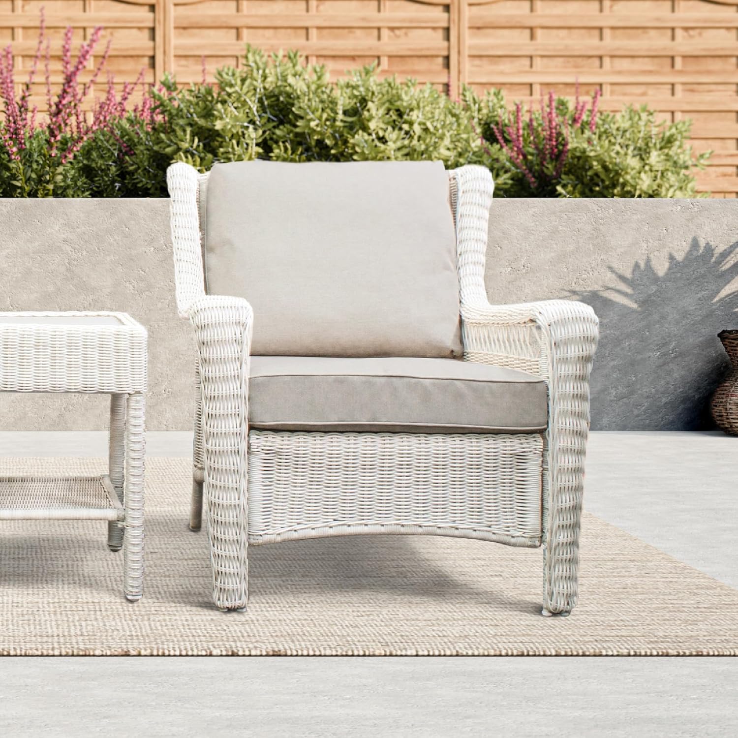 Park Meadow Outdoor Wicker Club Chair, All-Weather HDPE Patio Dining Chair with 4” Taupe Beige Cushions