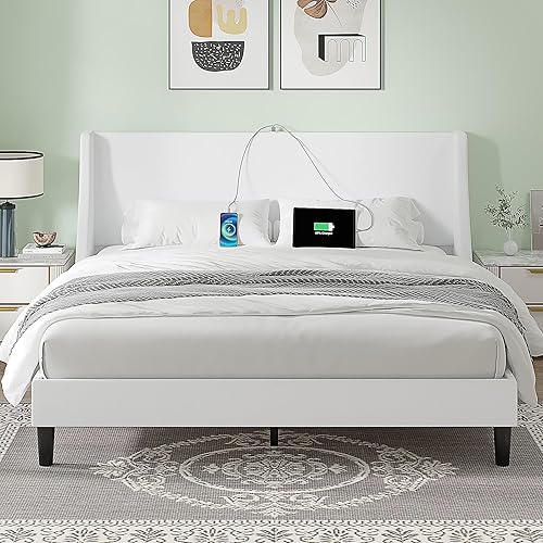 Miniatura 15 de VECELO Base de cama matrimonial con cabecera tapizada con respaldo alado, plataforma resistente con estación de carga y bolsillos laterales, no