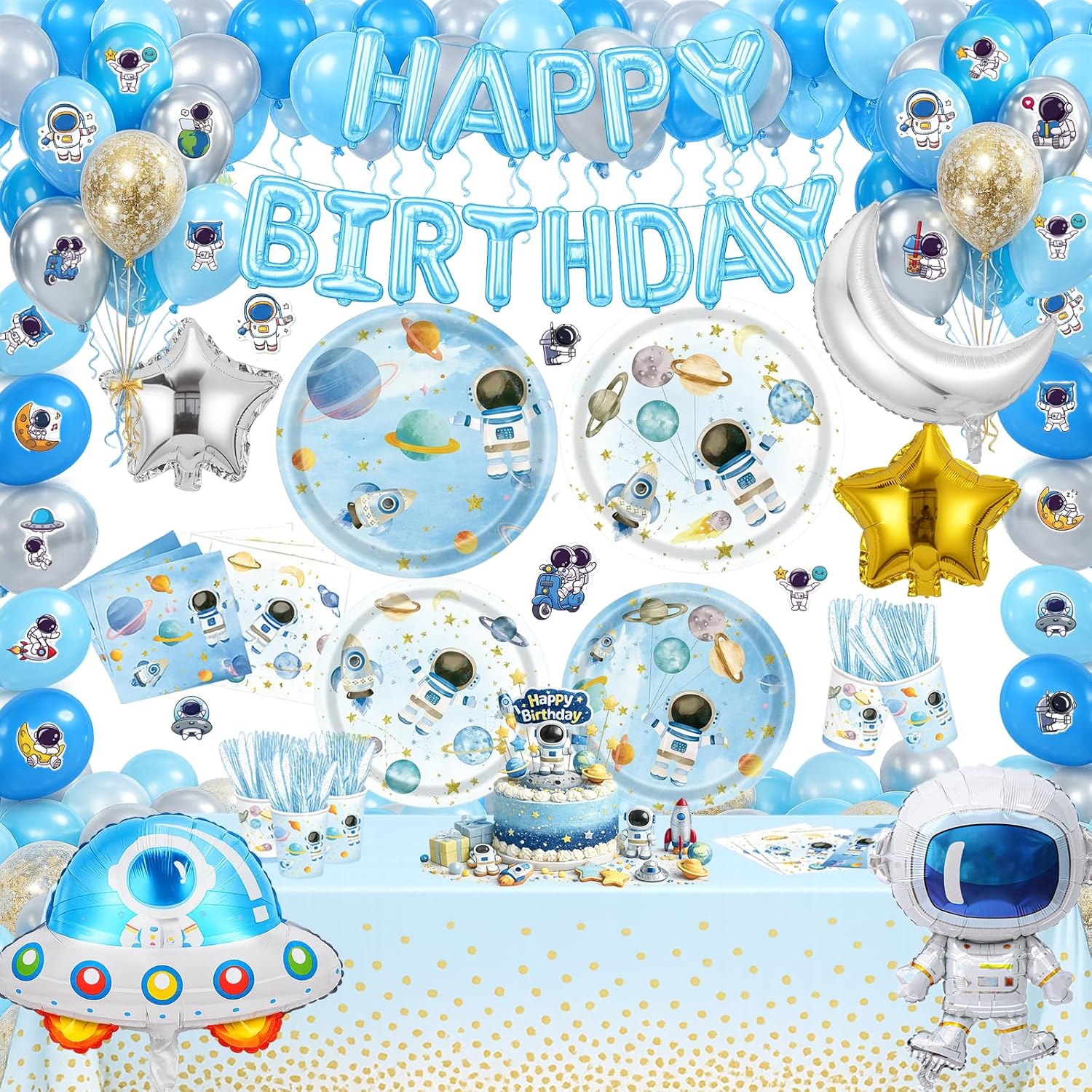 222pcs Space Themed Party Decorations, Blue Astronaut Space Birthday Decorations Serve 24, Outer Space Party Decorations with Plates, Cups, Napkins, Balloons, Foil Banner, Tablecloth and Stickers