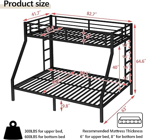 Miniatura 2 de Bellemave Litera individual XL sobre tamaño Queen con escaleras, marco de literas de metal con barandillas de longitud completa, litera resistente