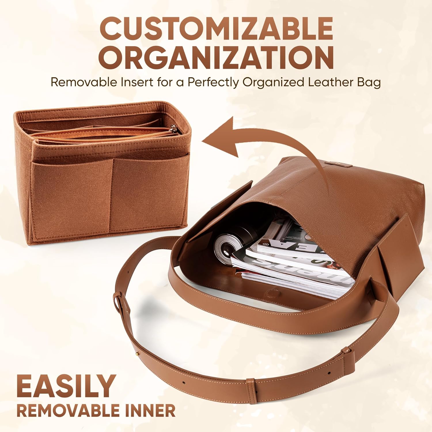 Large Genuine Leather Hobo Work Bag with Organizer Insert | High-quality leather, Removable Organizer, Work Ready Bag, Multifunational Bag, Spacious interior - Image 3