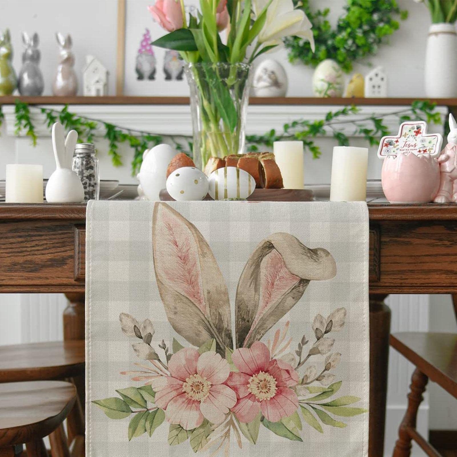 Runner Da Tavola Pasquale 40x90 Cm Con Simpatici Coniglietti E Fiori Primaverili - Tovaglia Pratica E Colorata Per La Tua Casa