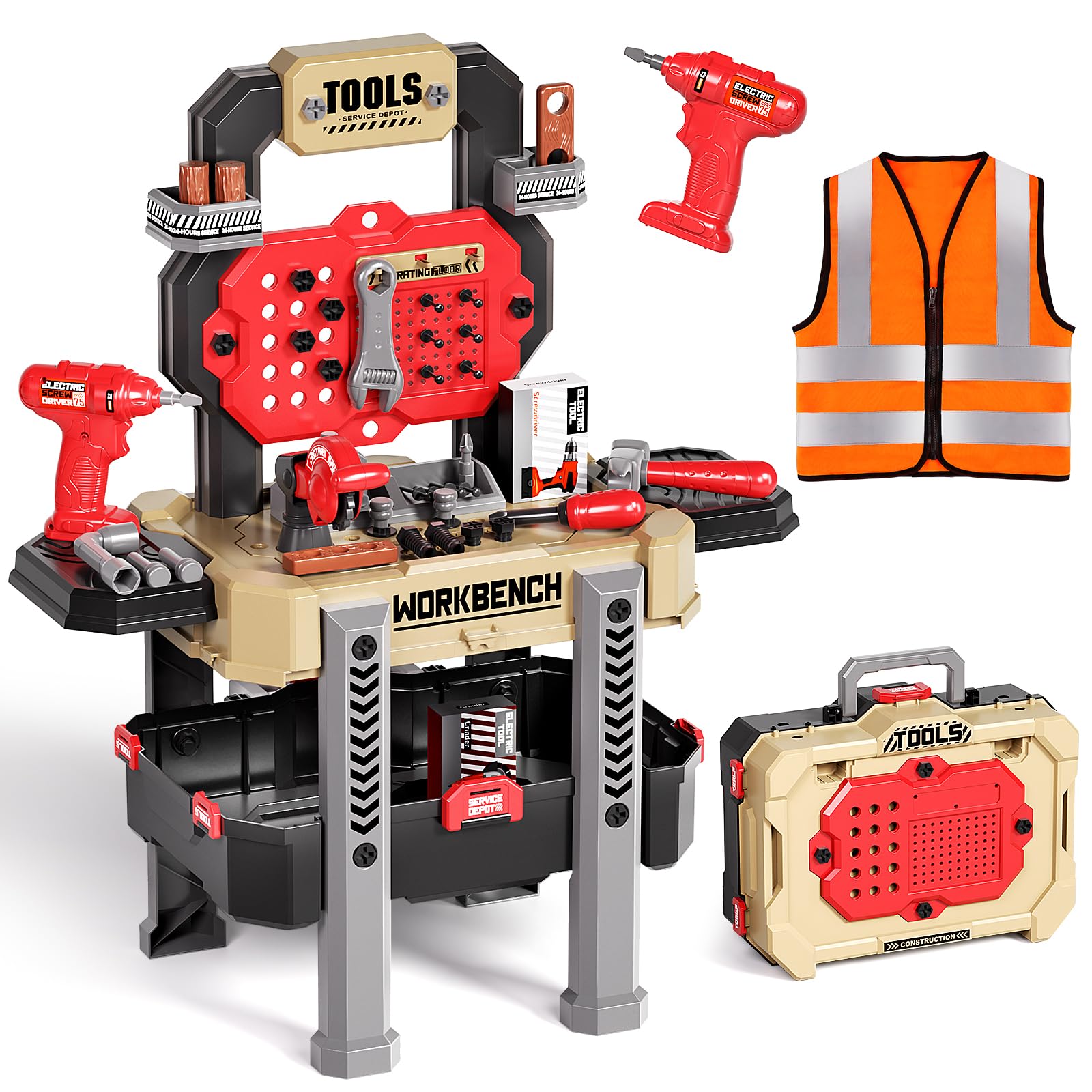 Deejoy Kids Toy Bench with Realistic Tools and Electric Drill, 79 Pcs Realistic Toy Tools with Clothes, Toddler Learning Bench Gift for Boys & Girls Age 3-5 (Yellow) 32x26.6x14.4 in