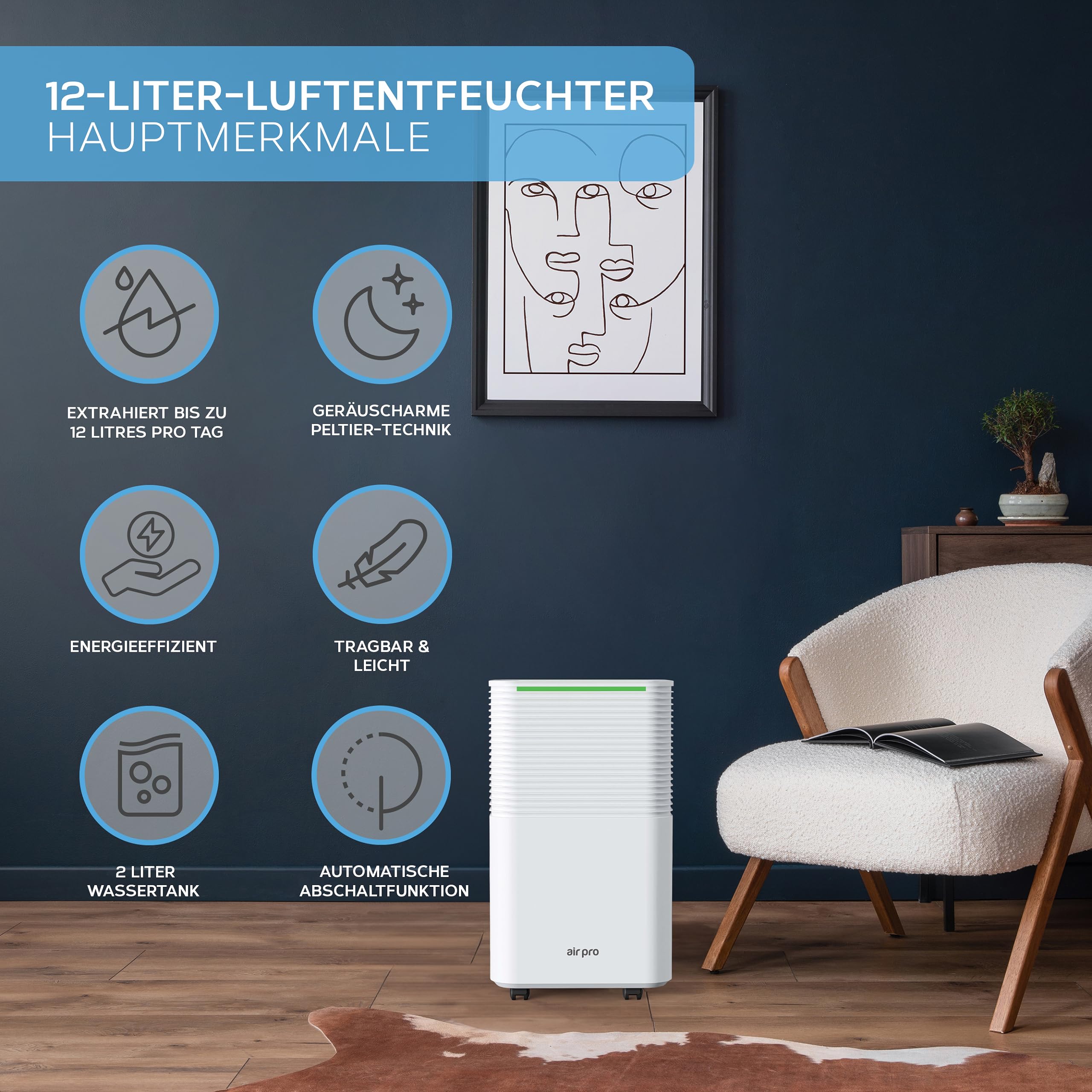 Air Pro 12L/Tag Digitaler Luftentfeuchter - Schlafmodus, 24-Stunden-Timer Zum Waschetrocknen, Schlafzimmer, Keller, Garage Und Kuche - Tragbarer Elektrischer Schimmel-, Und Feuchtigkeitsentferner