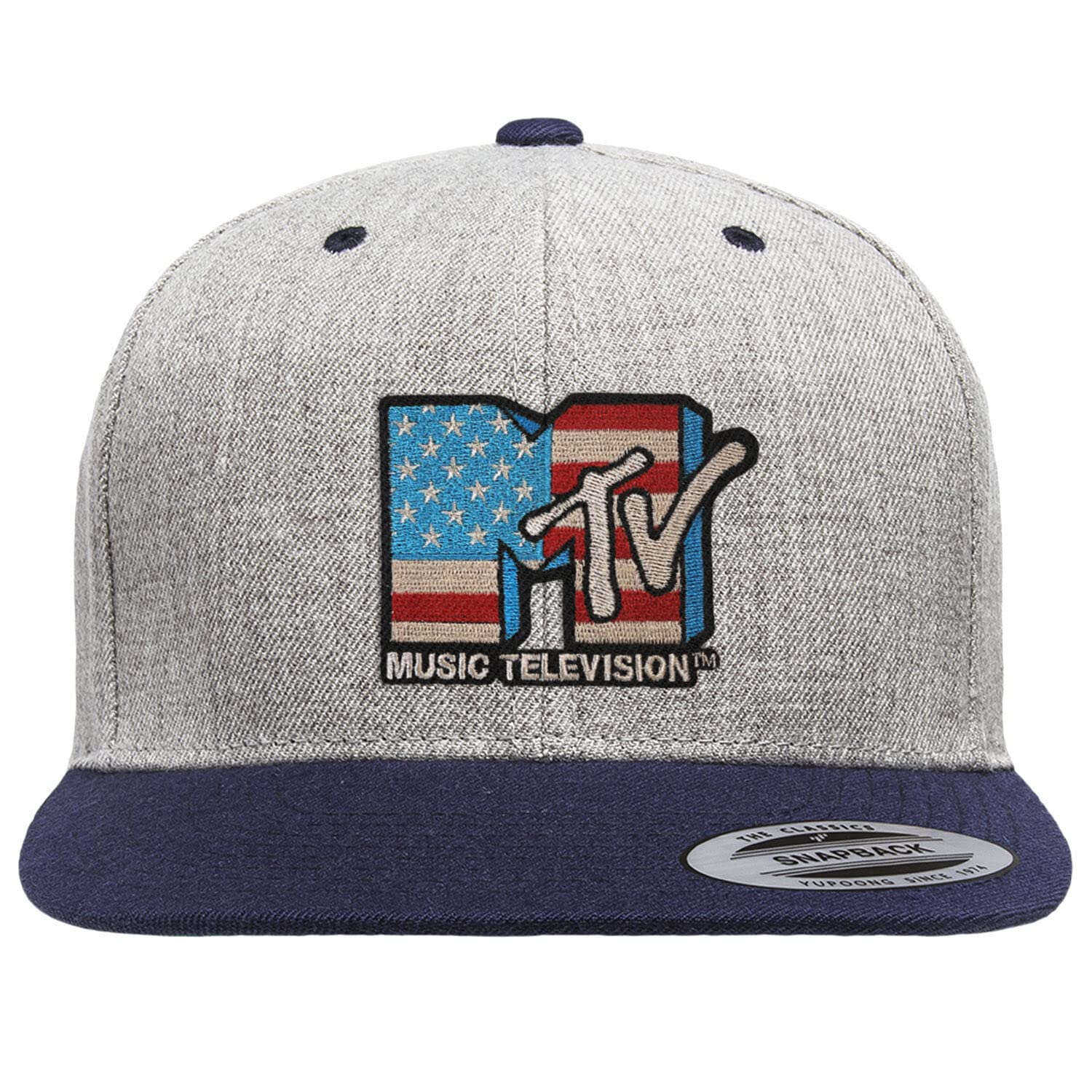 MTV Officially Licensed American Flag Premium Snapback Cap (Heather Grey-Navy), One Size