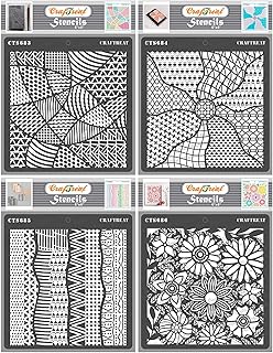 CrafTreat Reusable Mixed Media, Patterned Sun Rays Stencils 6X6 Inch Pack of 4 for Painting - Enclosed Patterns, Patterned Partitions and Patterned Circles Stencils for Painting