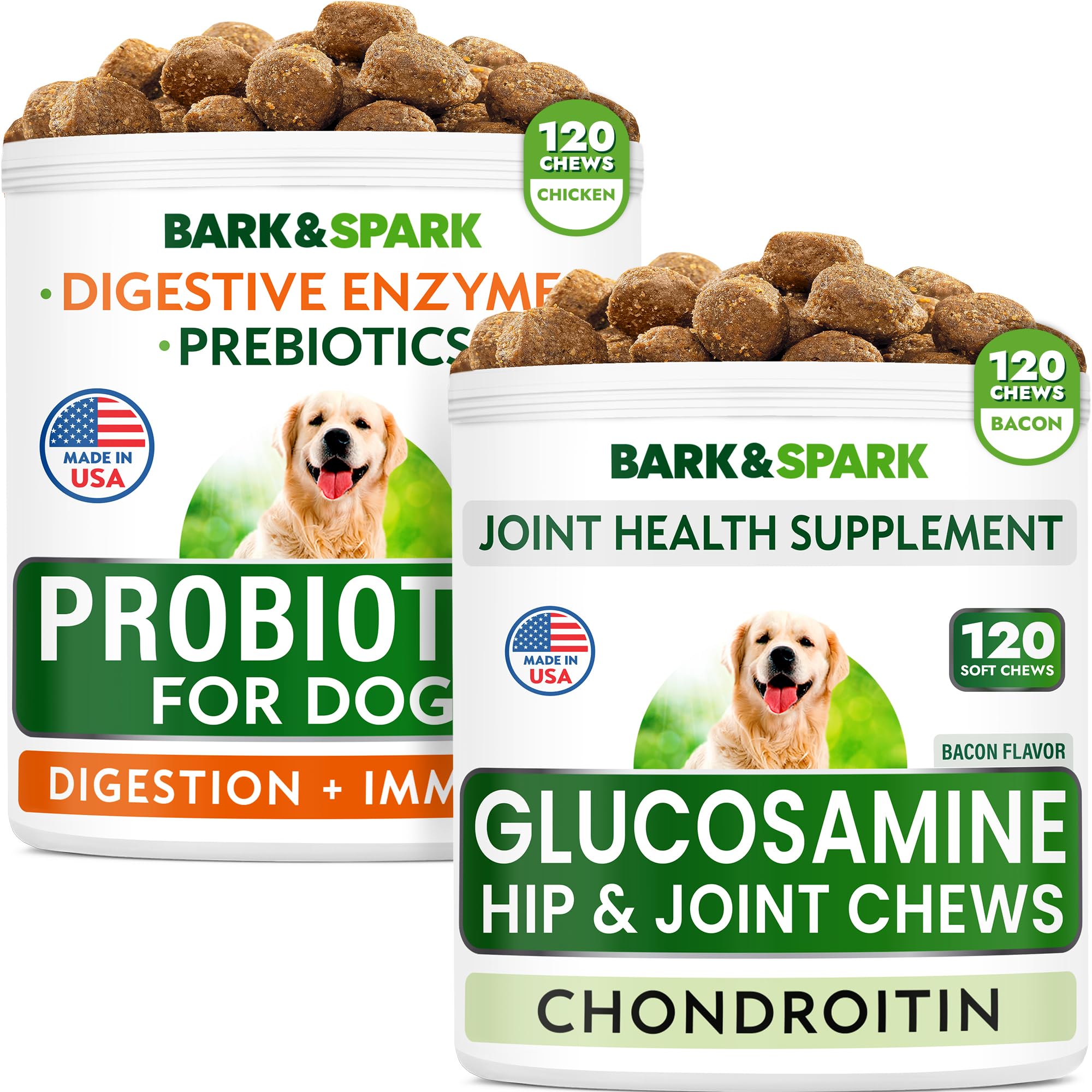 Glucosamine Bacon Flavor + Dog Probiotics Bundle - Joint Pain Relief + Gas, Diarrhea Relief - Chondroitin, MSM, Omega-3 + Digestive Enzymes, Prebiotics - Chewable Fiber - 240 Soft Chews - Made in USA