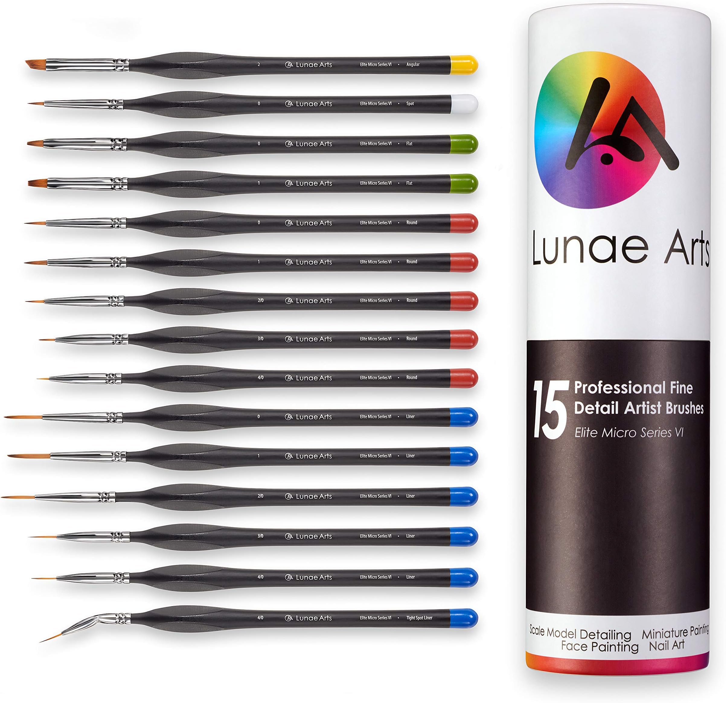 Miniature Fine Detail 15pc Paint Brush Set Elite Micro Series VI – No Fatigue Triangle Handle, Color Coordinated Tips - Acrylic, Watercolor, Oil, Paint by Numbers Artist Brushes