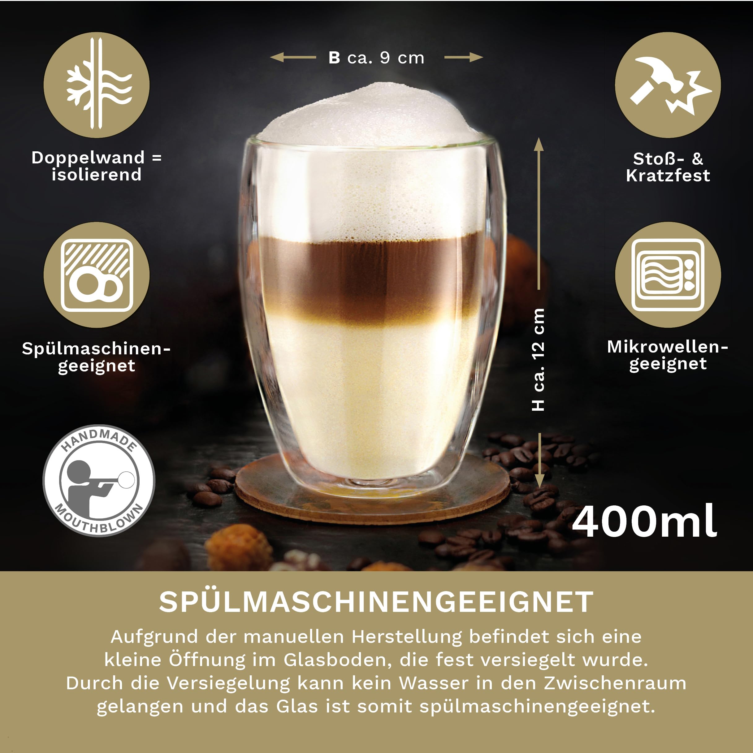 Creano doppelwandige Gläser 400ml „DG-Hoch“, 6er Set + 6x hochwertiger Kräutertee oder Früchtetee gratis