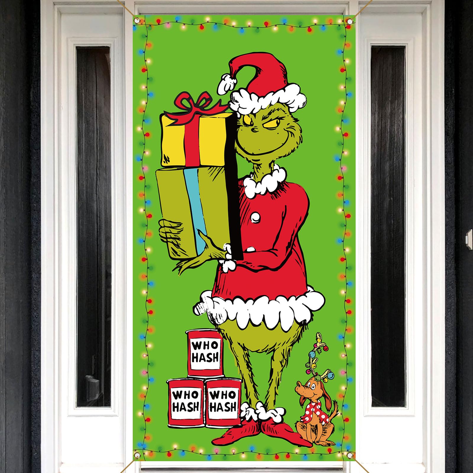 Vohado Merry Grinchmas Türabdeckung - Welcome To Whoville - Weihnachtsdekoration Für Innen & Außen (90x180 Cm)