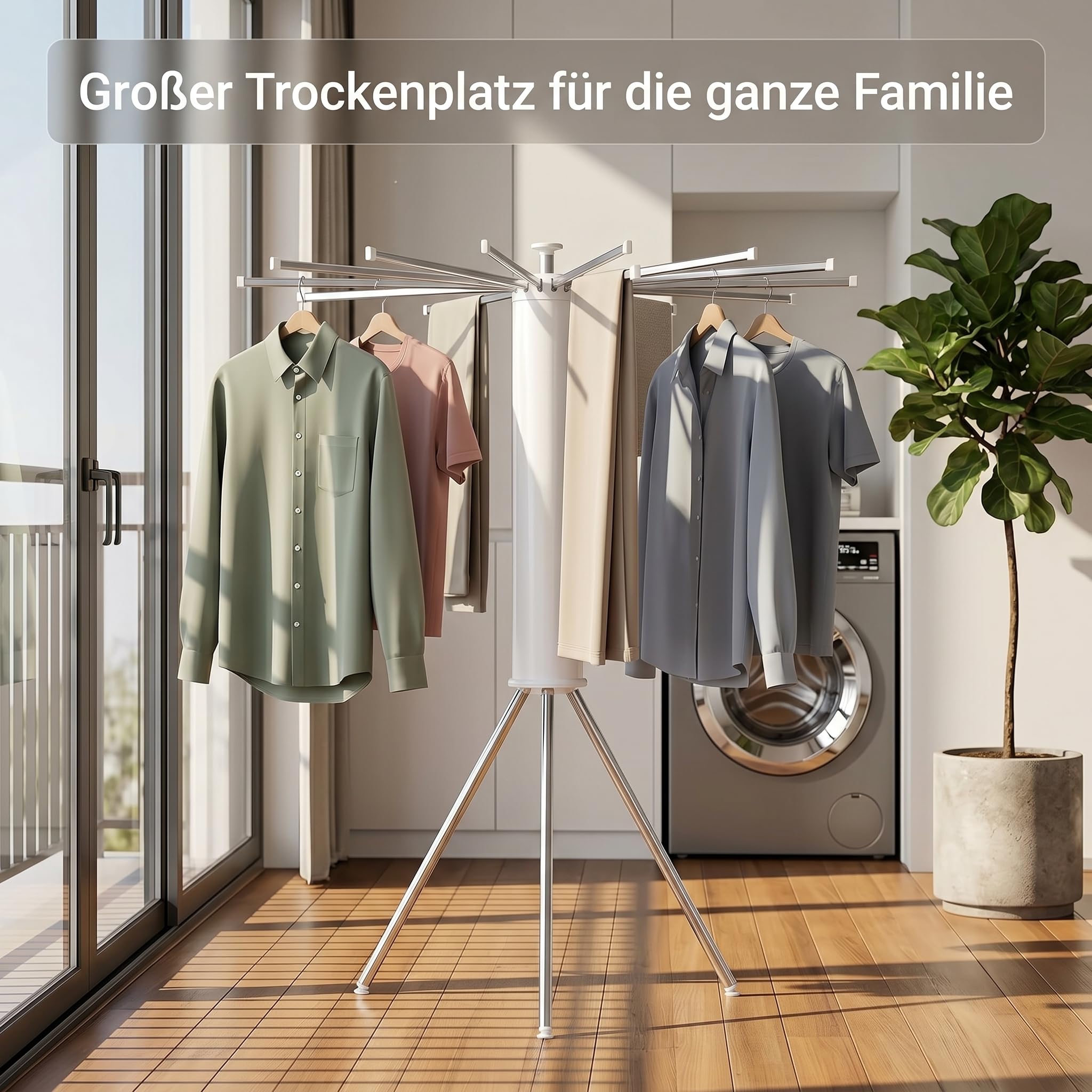 Wäscheständer Ausziehbar Platzsparend Klappbar - 360° Drehbarer Standtrockner für Balkon Badewanne Camping, 16 Armen Wäschespinne Hoch, Kleiner Kleiderständer Wäschetrockner