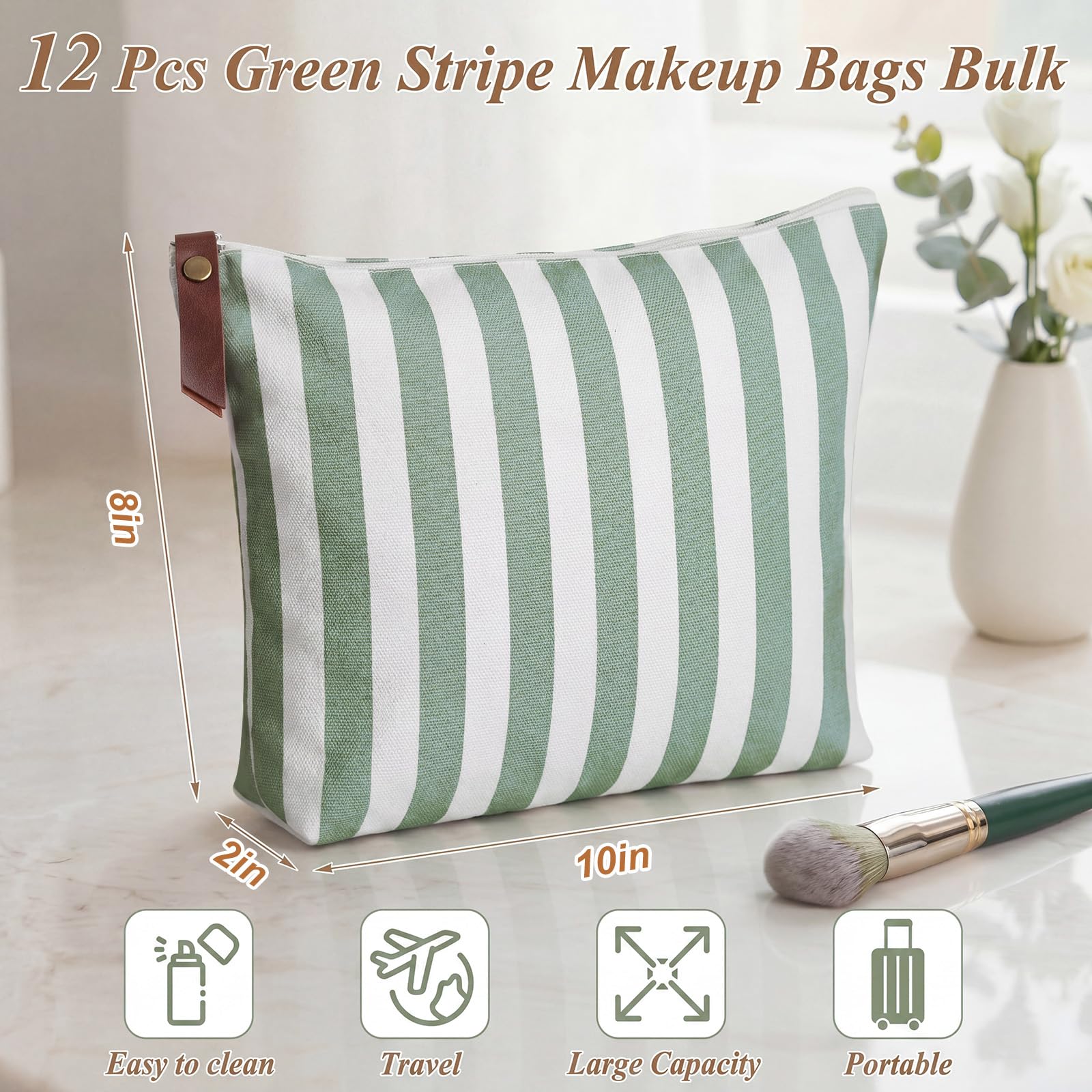 Hillban 12-Piece Striped Canvas Cosmetic Bags with Zipper