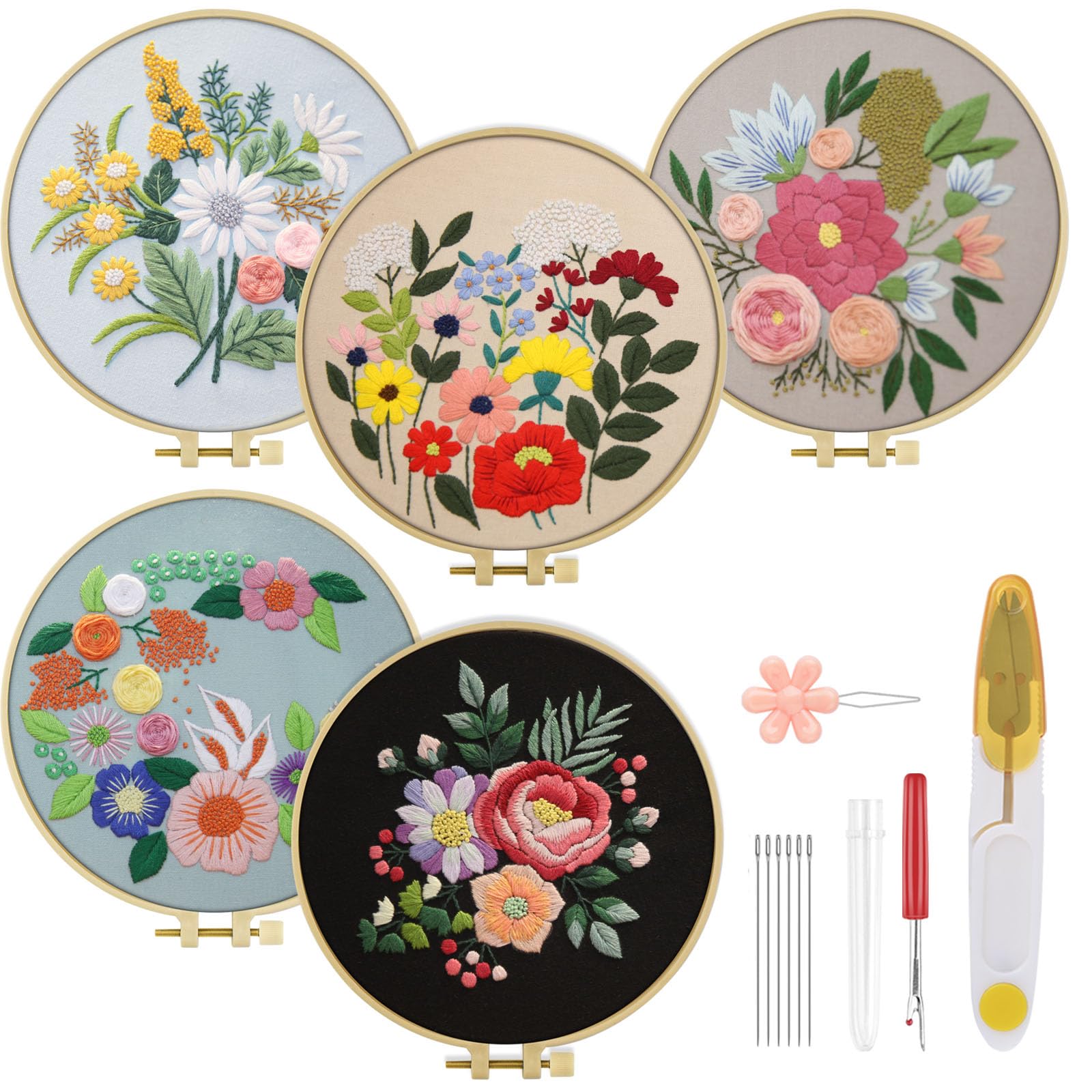 TINDTOP 5 Sets Embroidery Kit for Adults, Floral Embroidery Practice Kit for Beginners Include Embroidery Cloth Hoops Threads for Craft Lover Hand Stitch